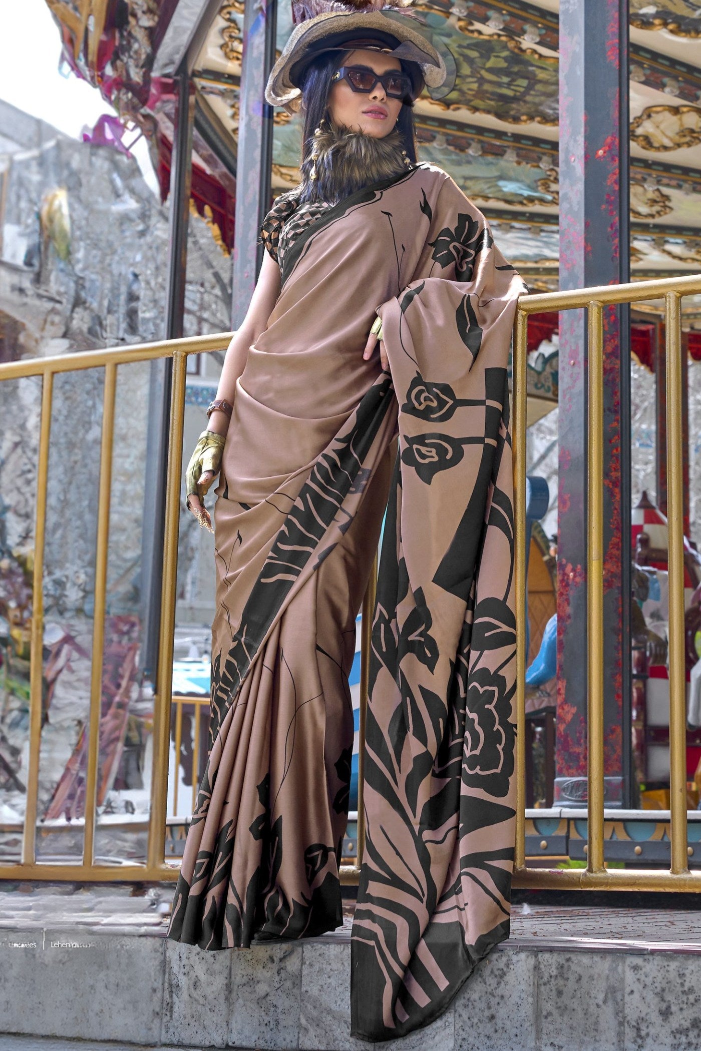 Buy MySilkLove Hickory Brown Printed Satin Crepe Silk Saree Online