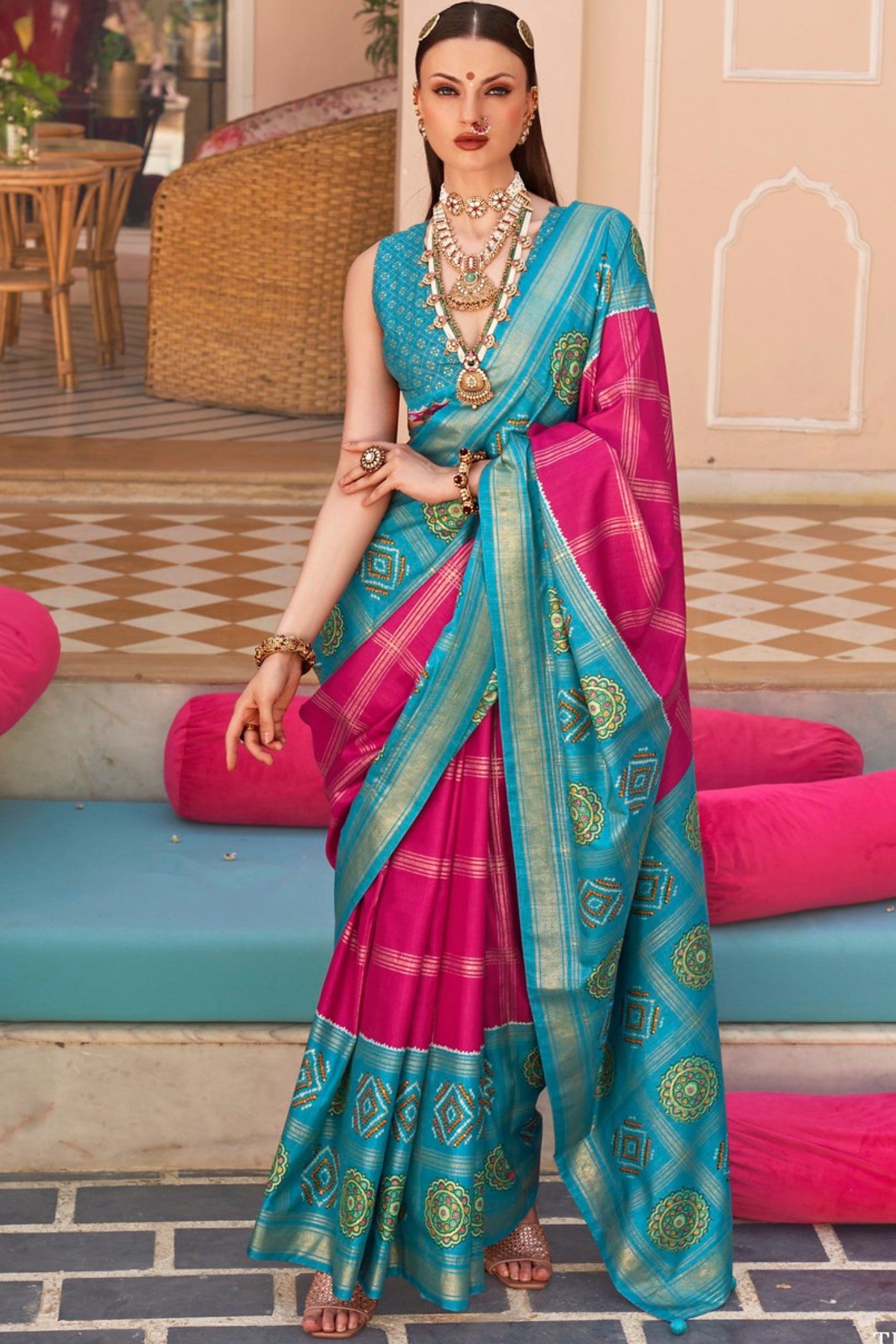 Buy MySilkLove Pink Lotus and Blue Printed Patola Saree Online