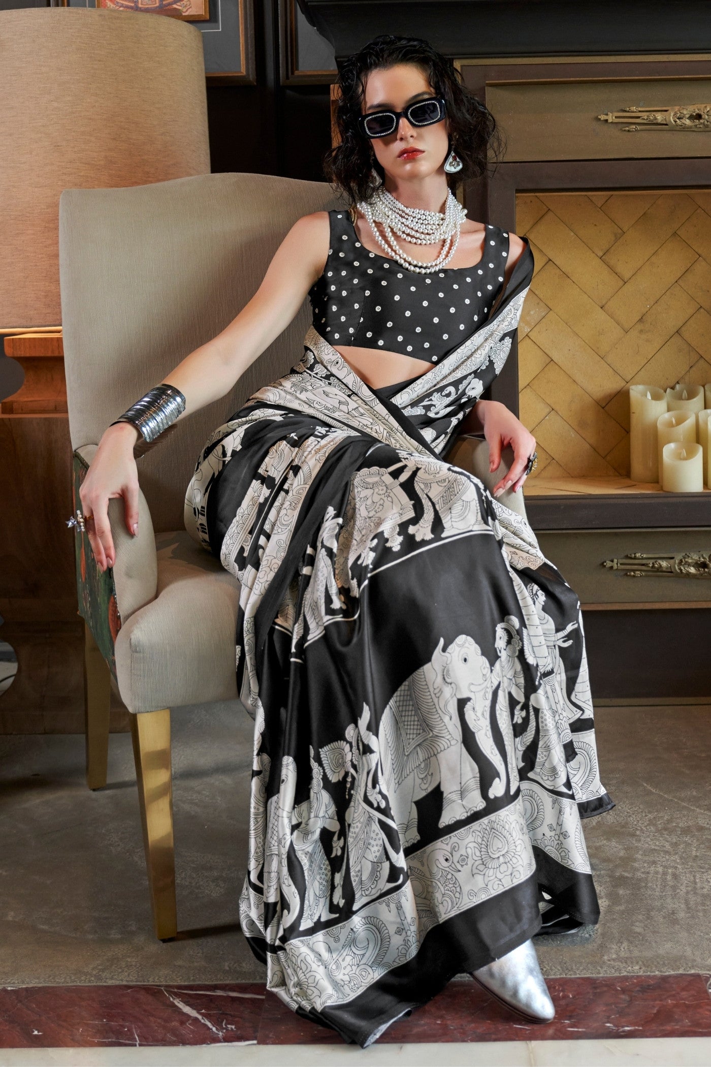 MySilkLove Asher Black and White Patola Printed Satin Crepe Saree