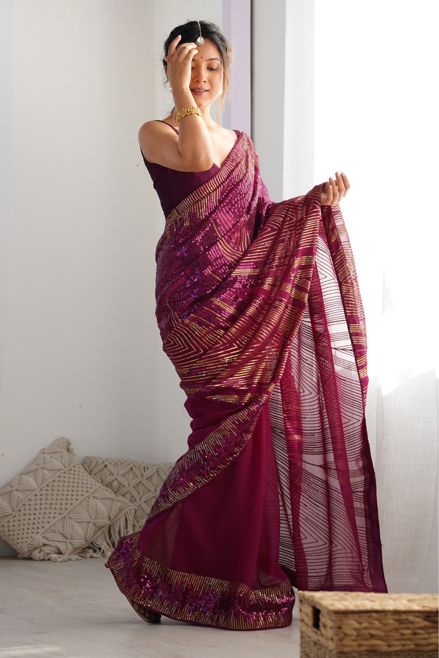 Buy MySilkLove Wine Purple Georgette Partywear Saree Online