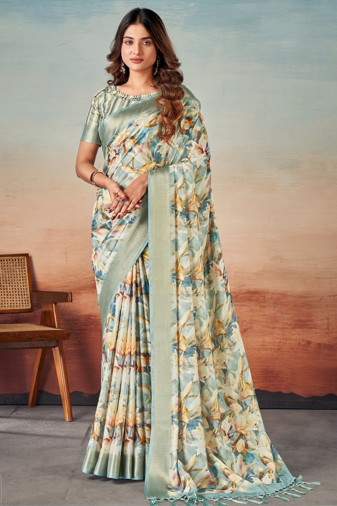 Buy MySilkLove Blue Shades and White Banarasi Digital Printed Saree Online