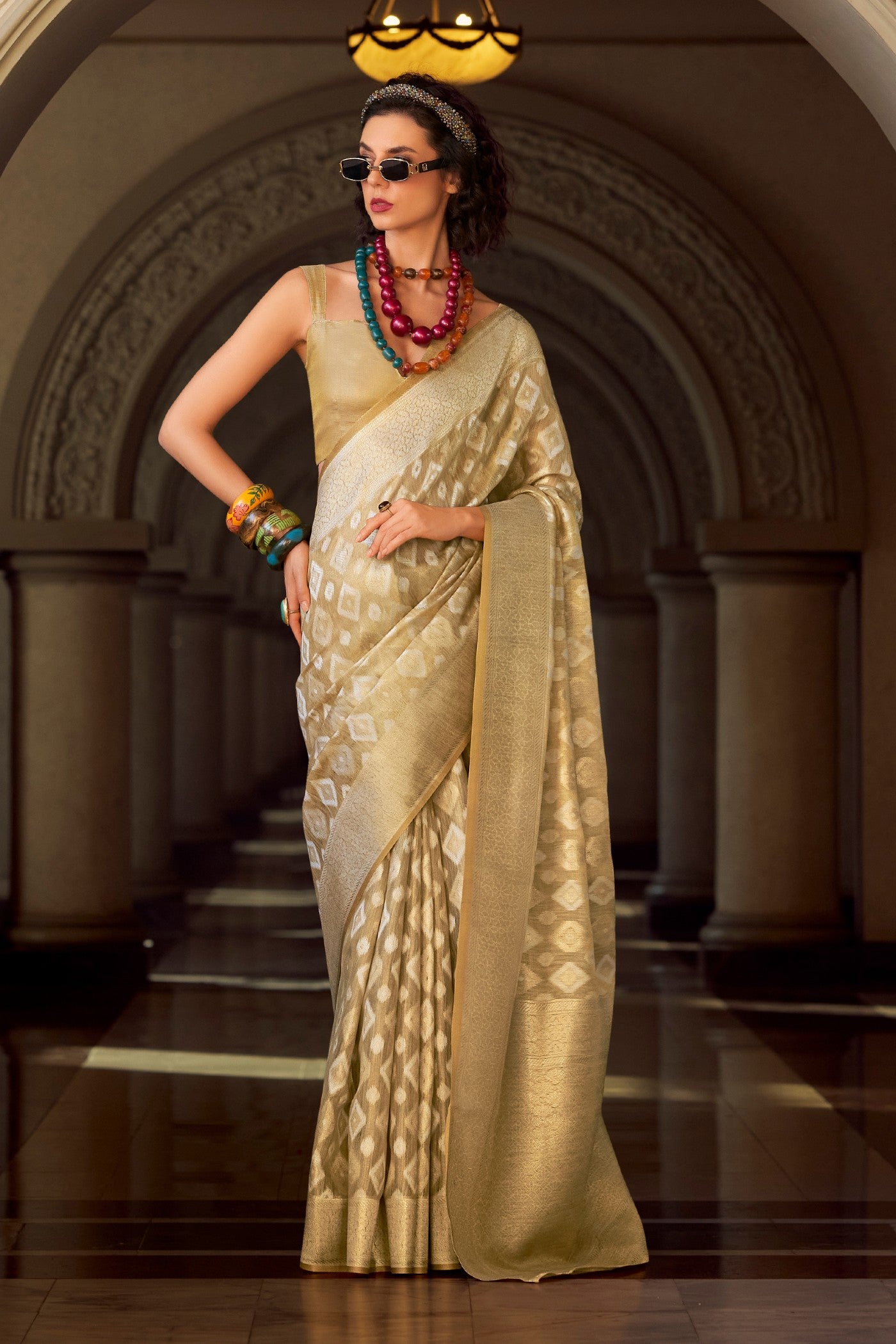 Buy MySilkLove Butter Cream Tissue Silk Saree Online