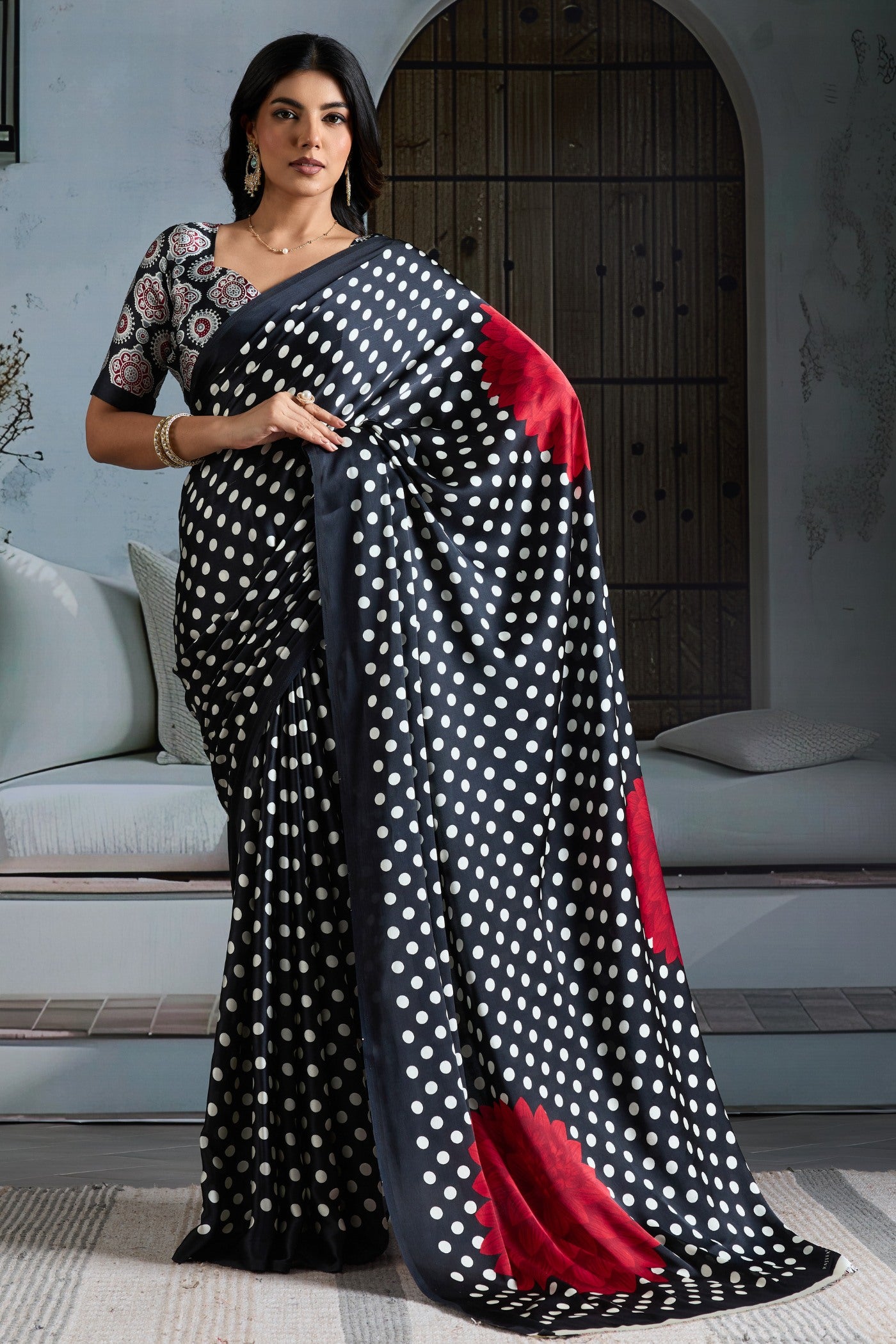 Buy MySilkLove Outer Black Printed Polka Dots Satin Crepe Saree Online