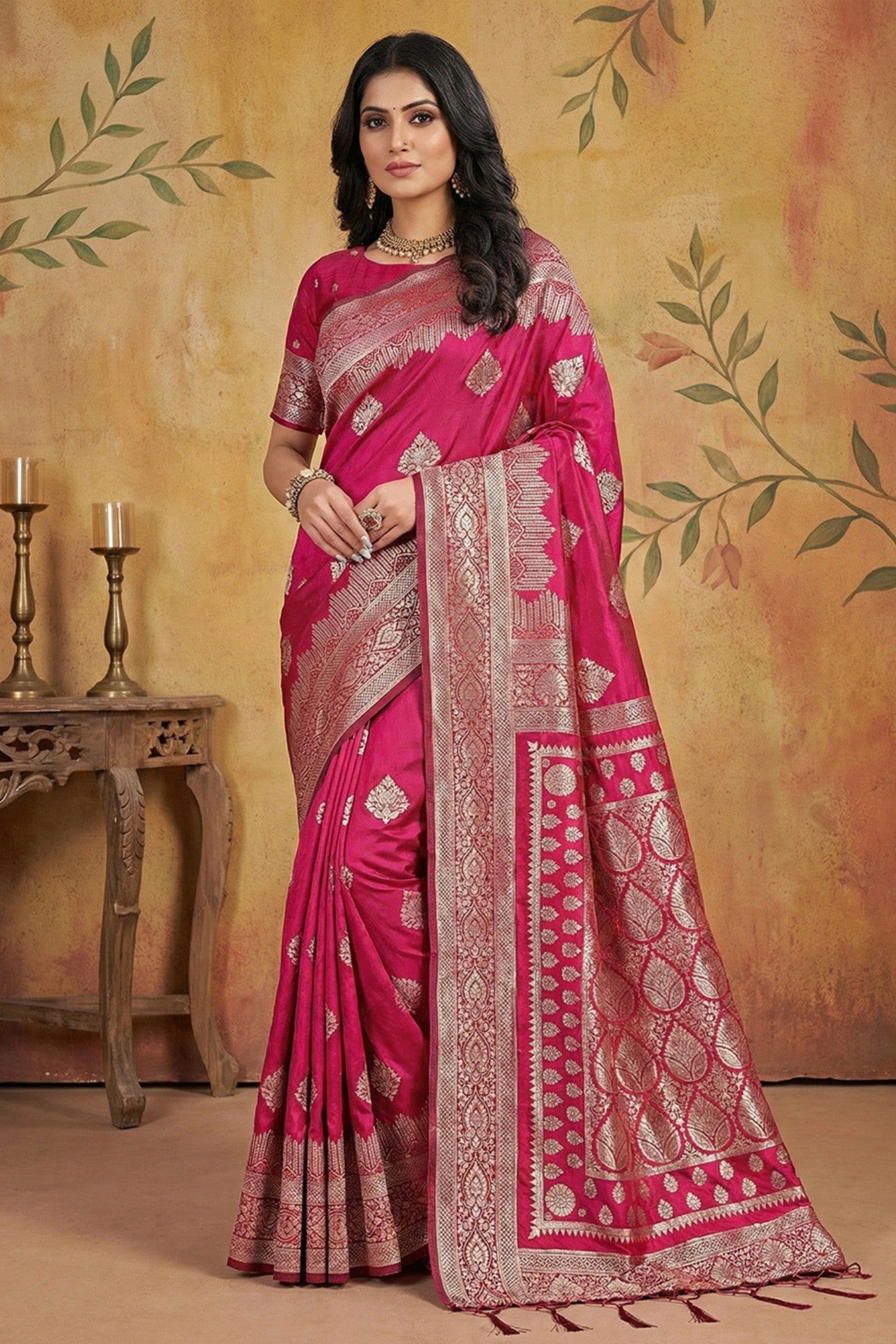 Buy MySilkLove Magenta Pink Woven Banarasi Silk Saree Online