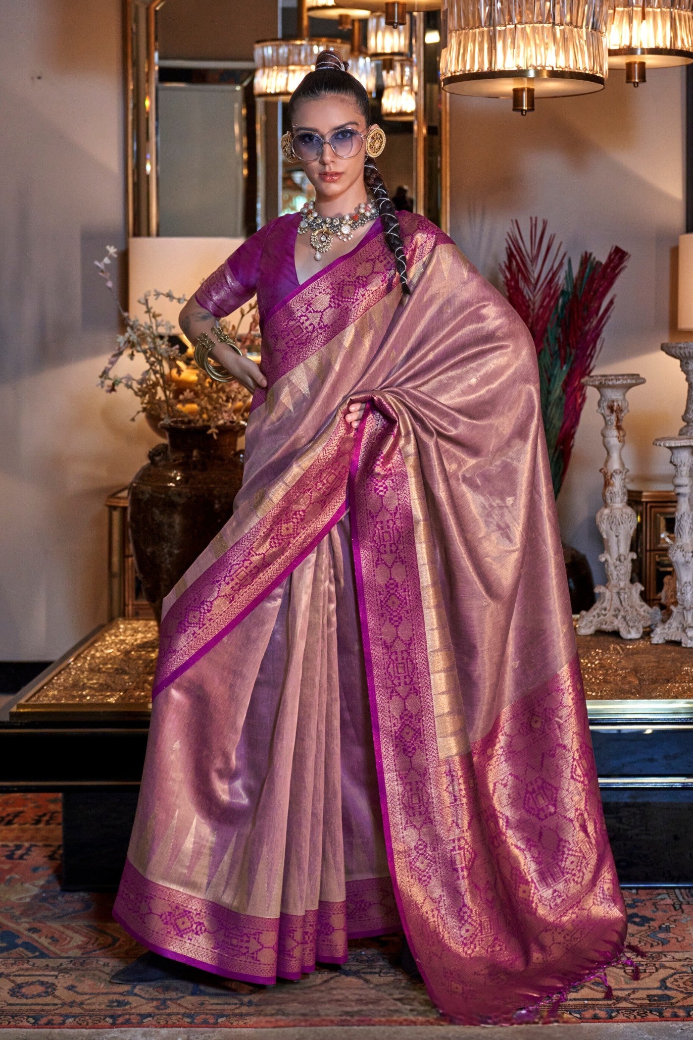 Buy MySilkLove Rose Berry Purple Woven Tissue Silk Saree Online