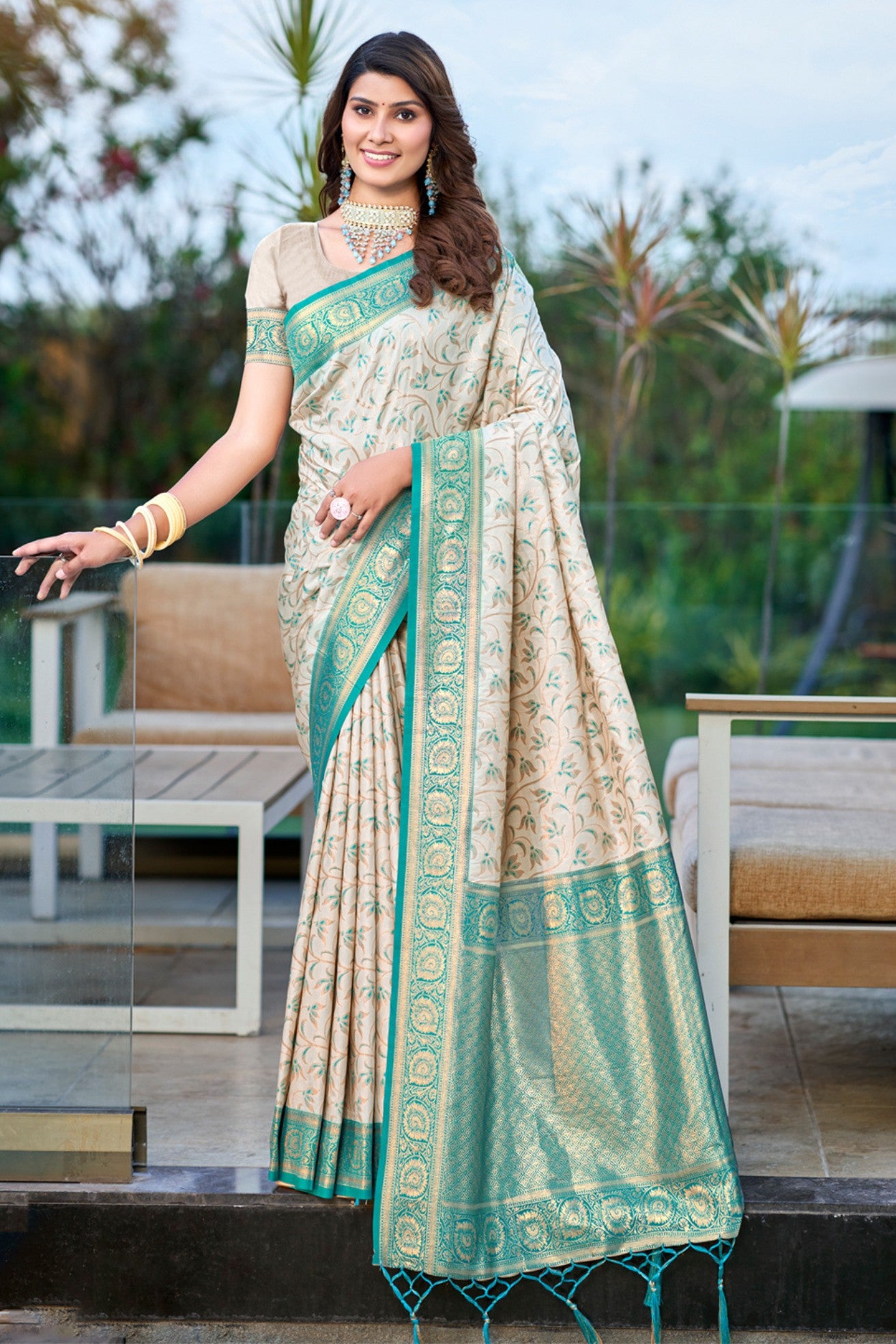 Buy MySilkLove Sisal Cream and Green Woven Banarasi Saree Online