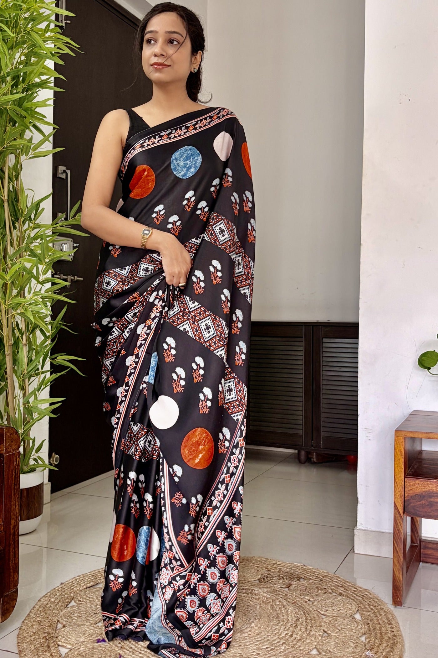 MySilkLove Anthracite Black Printed Polka Dots Satin Crepe Saree