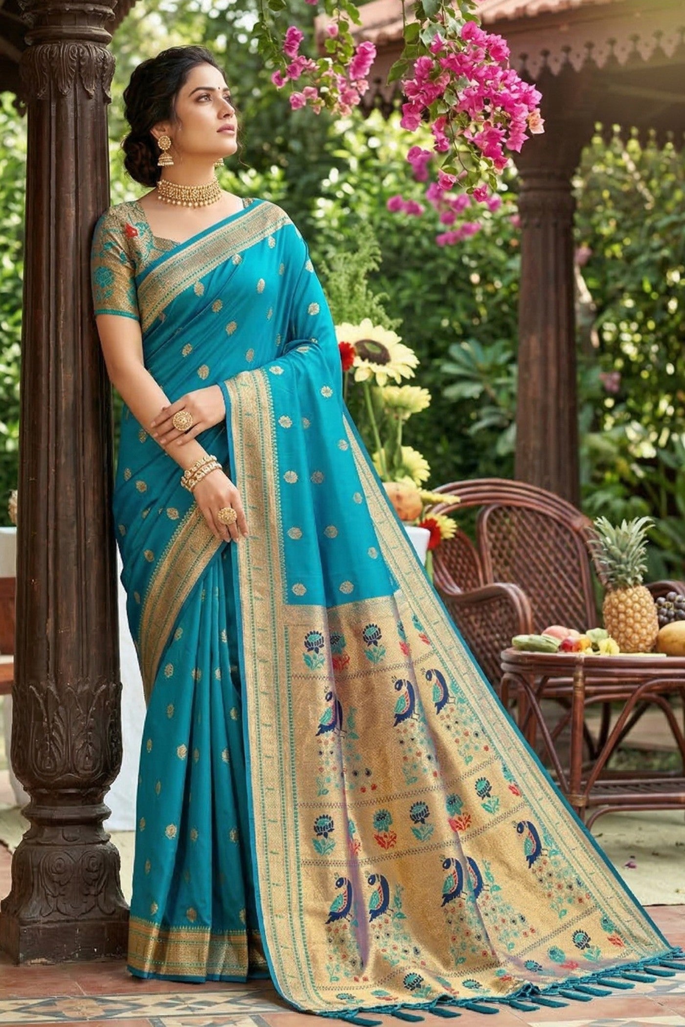 Buy MySilkLove Ocean Blue Zari Woven Paithani Saree Online