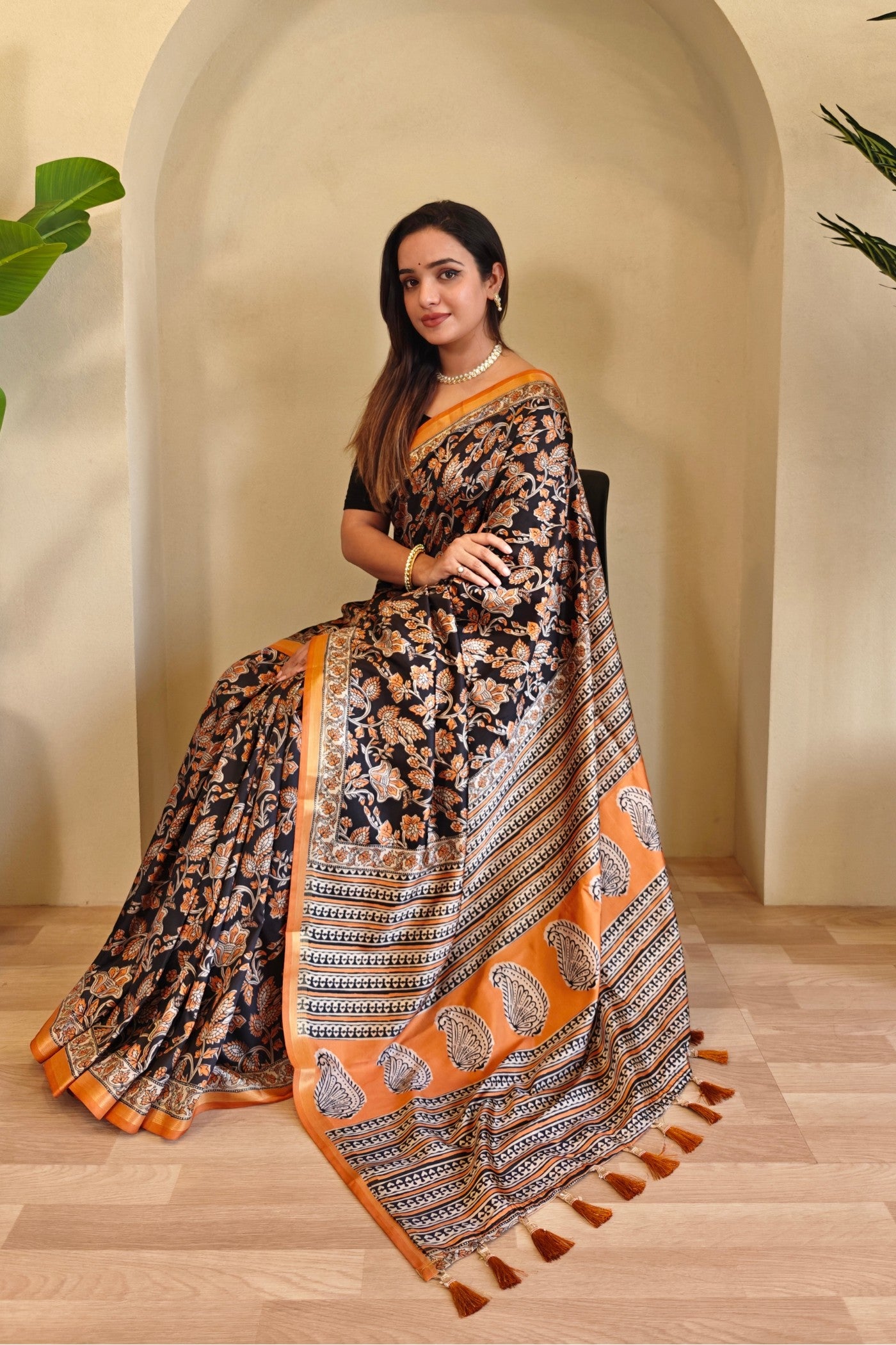 Buy MySilkLove Coral Black and Orange Digital Printed Saree Online
