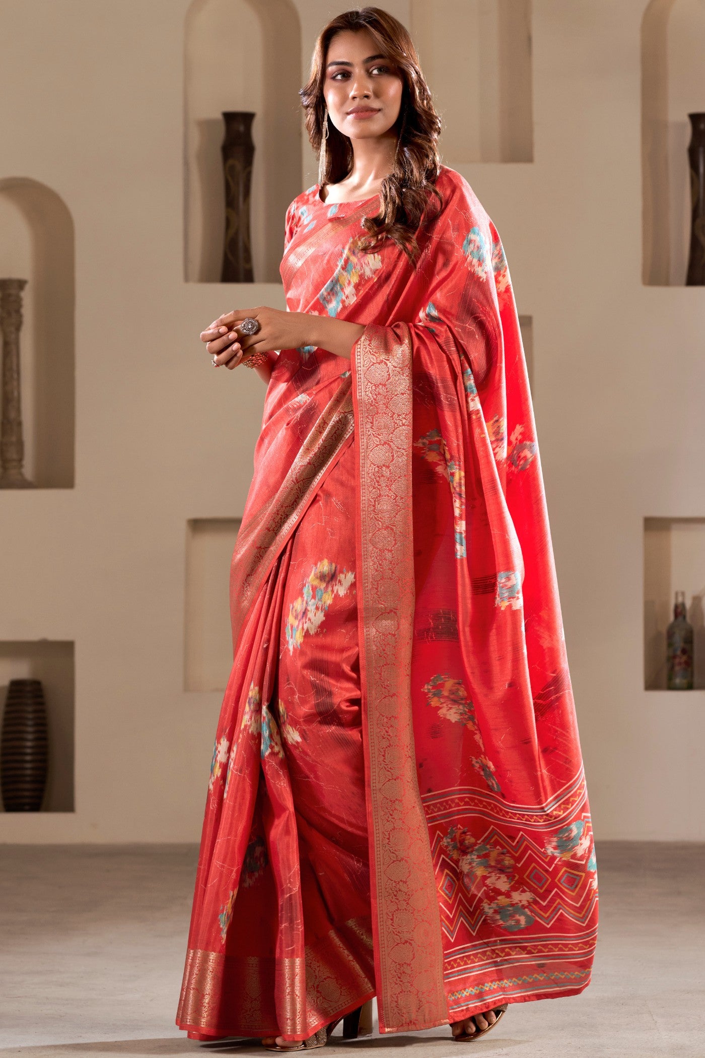 Buy MySilkLove Tamrillo Red Printed Soft Dola Silk Saree Online