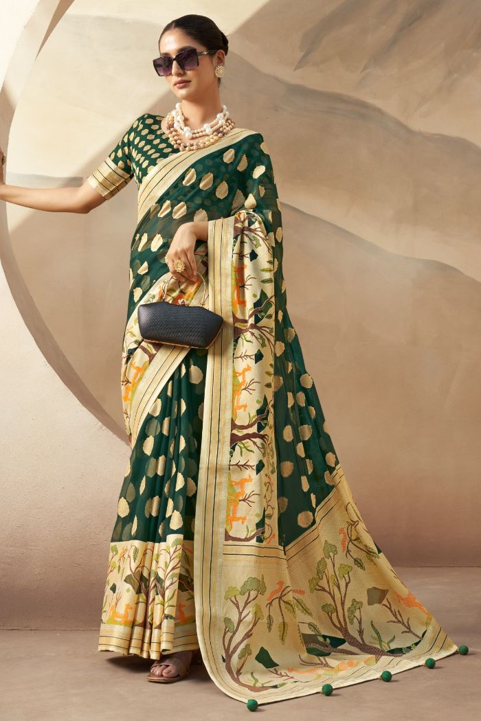 Buy MySilkLove Green Kelp Woven Georgette saree Online