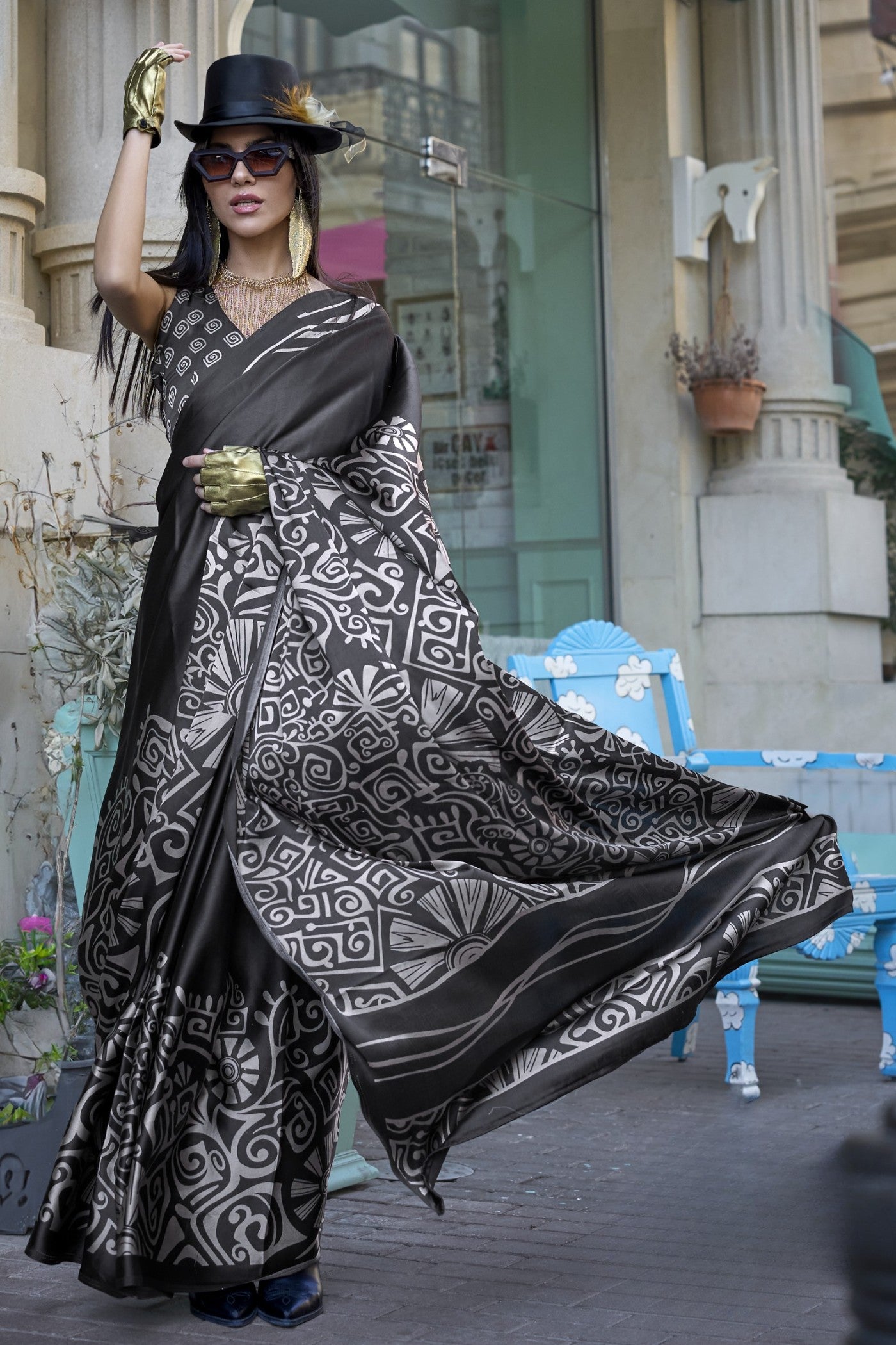 Buy MySilkLove Pitch Black Printed Satin Crepe Silk Saree Online