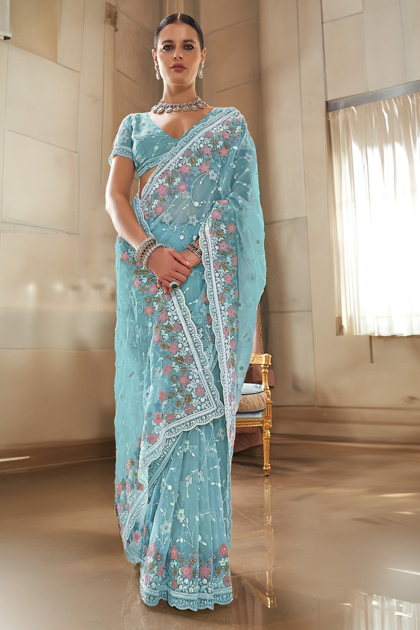 Buy MySilkLove Gumbo Blue Embroidery Designer Saree Online