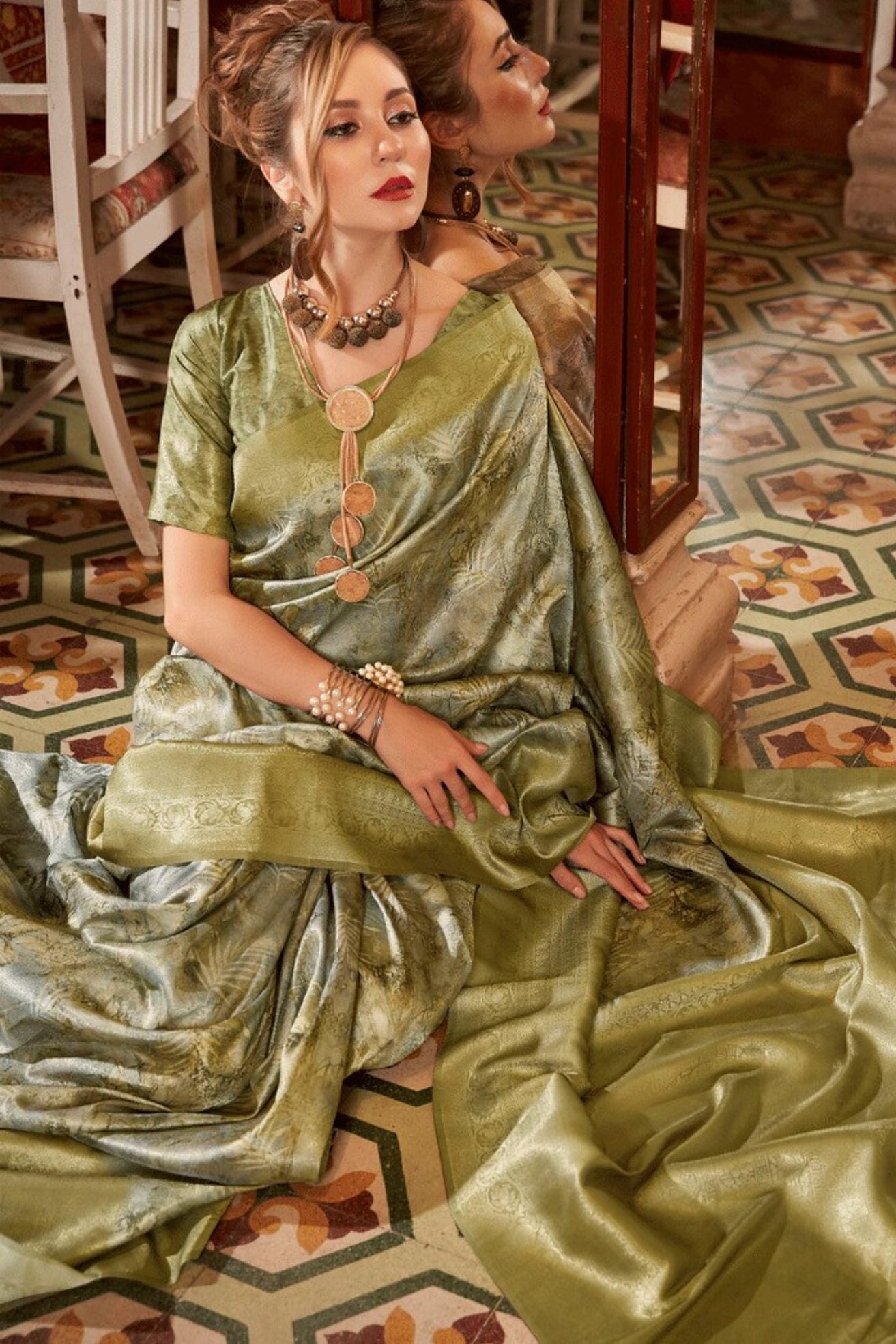 MySilkLove Costa Del Sol Green Banarasi Digital Printed Saree