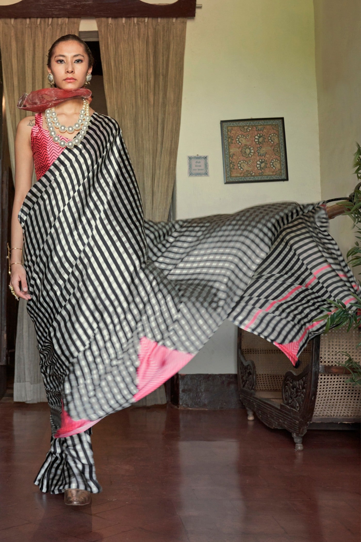 Buy MySilkLove Tuna Black and White Stripes Printed Satin Crepe Silk Saree Online