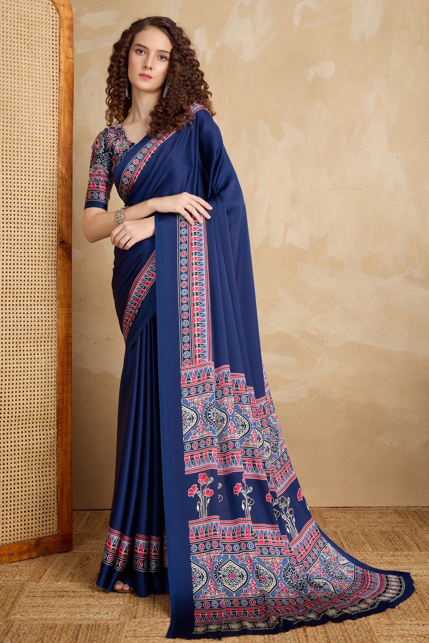 Buy MySilkLove Lapis Blue Ajrakh Printed Satin Crepe Silk Saree Online