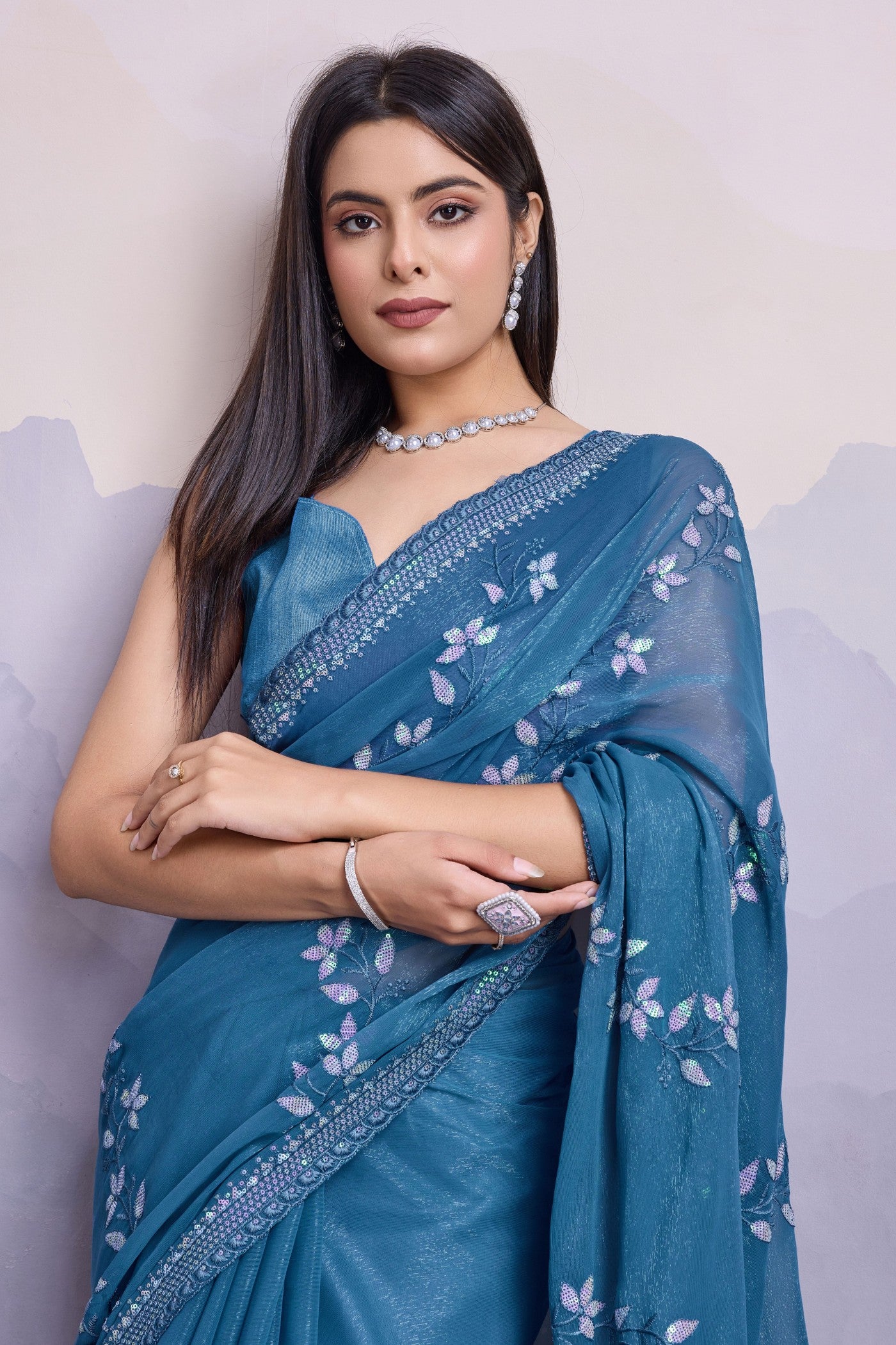 MySilkLove Celadon Blue Embroidered Designer Chiffon Saree