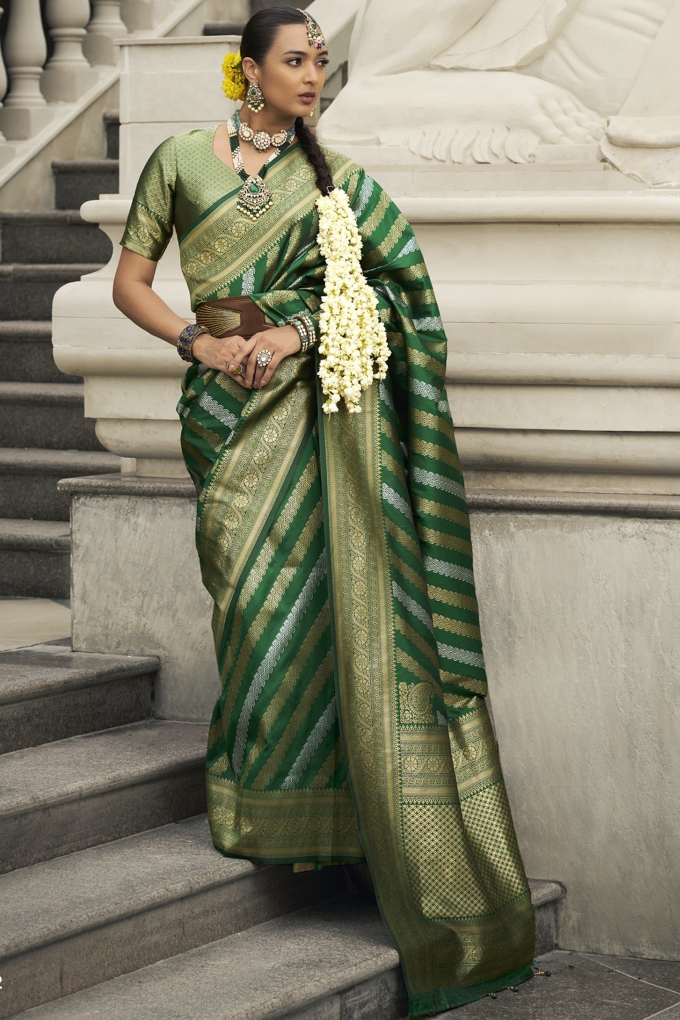 Buy MySilkLove Gray Asparagus Green Woven Banarasi Saree Online