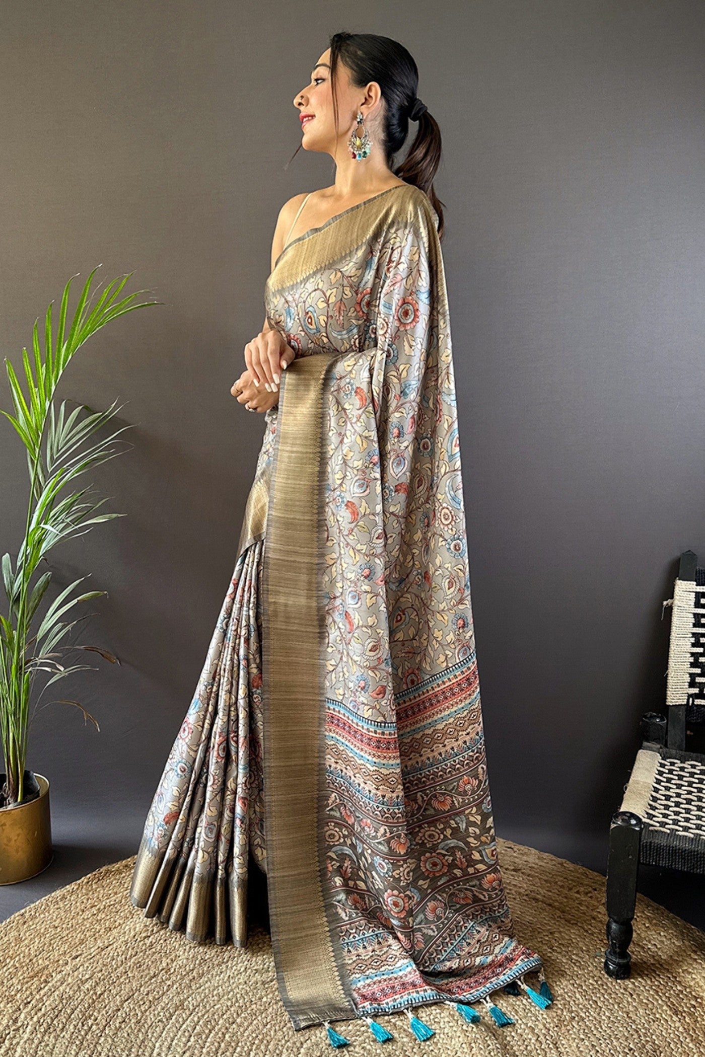 MySilkLove Smokey Grey Printed Tussar Silk Saree