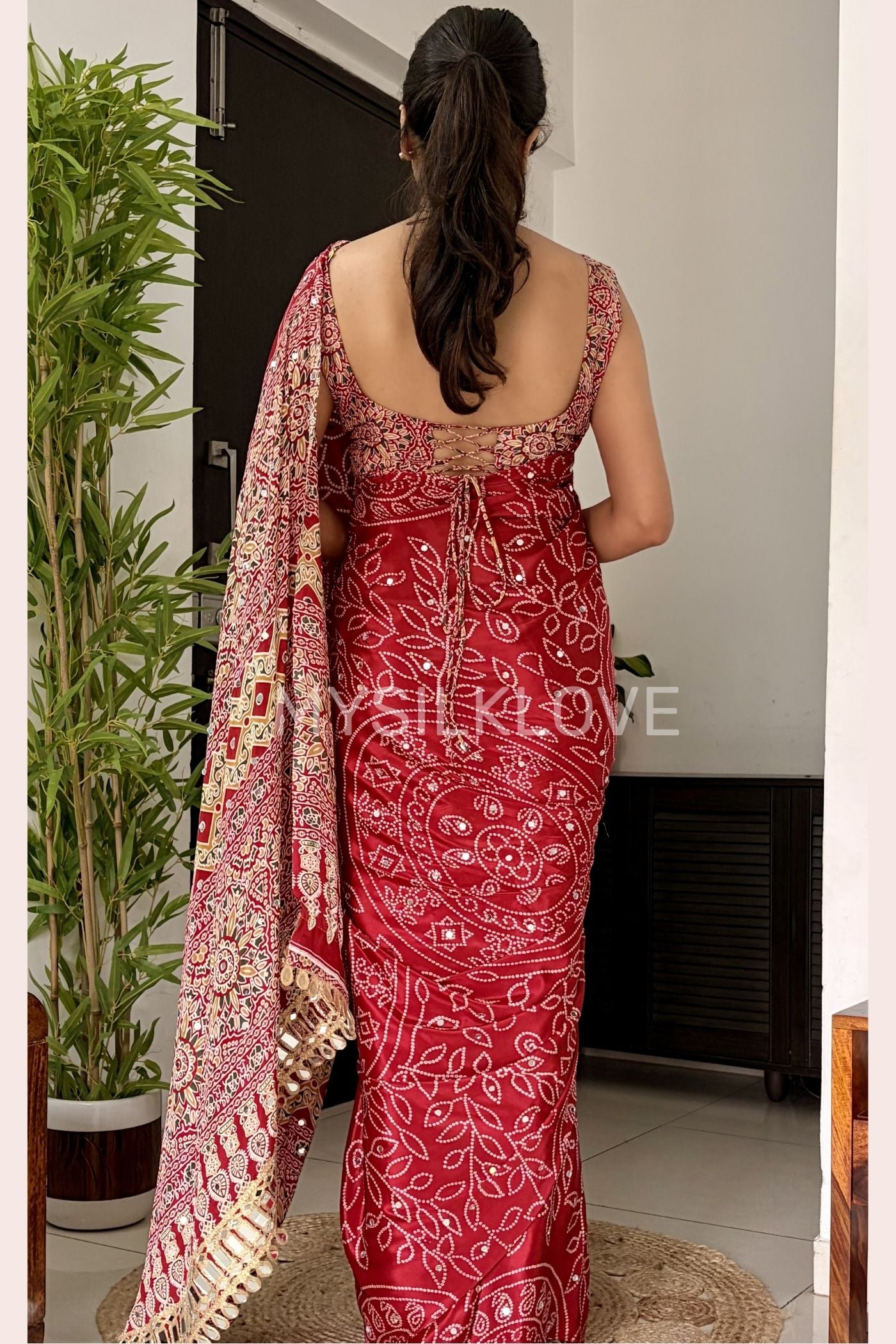 Buy MySilkLove Ruby Red Bandhani Fusion Ajrakh Pallu Mirror Work Saree Online
