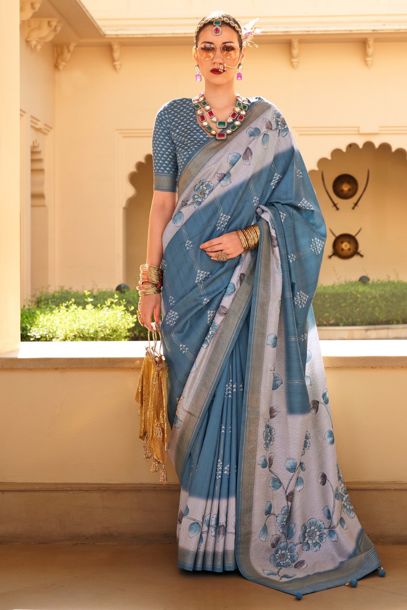 Buy MySilkLove Pewter Blue Floral Printed Banarasi Saree Online