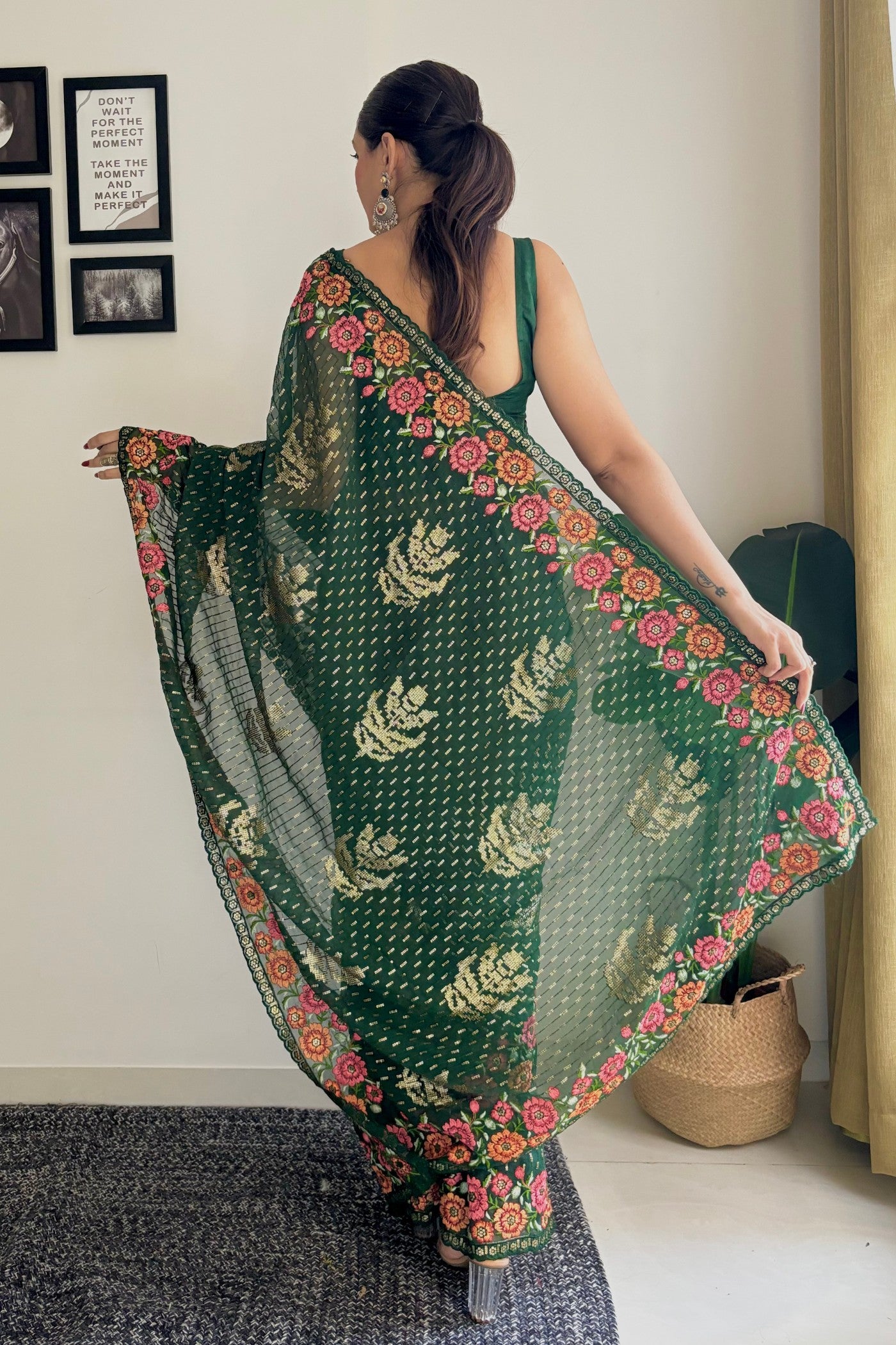 Buy MySilkLove Cadmium Green Embroidery Designer Georgette Saree Online