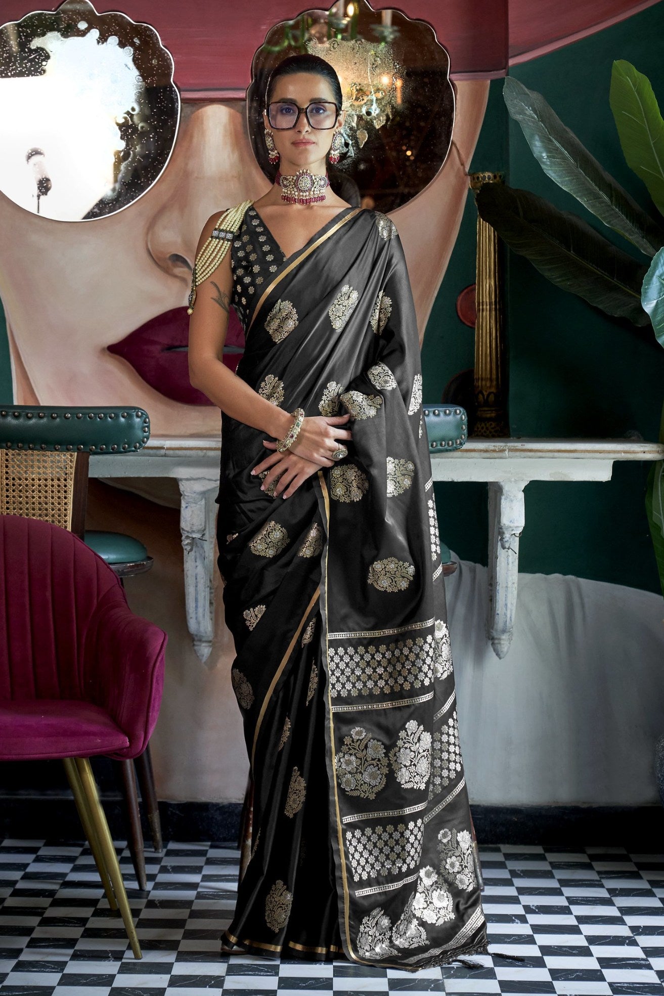 Buy MySilkLove Cinder Black Banarasi Handloom Satin Saree Online