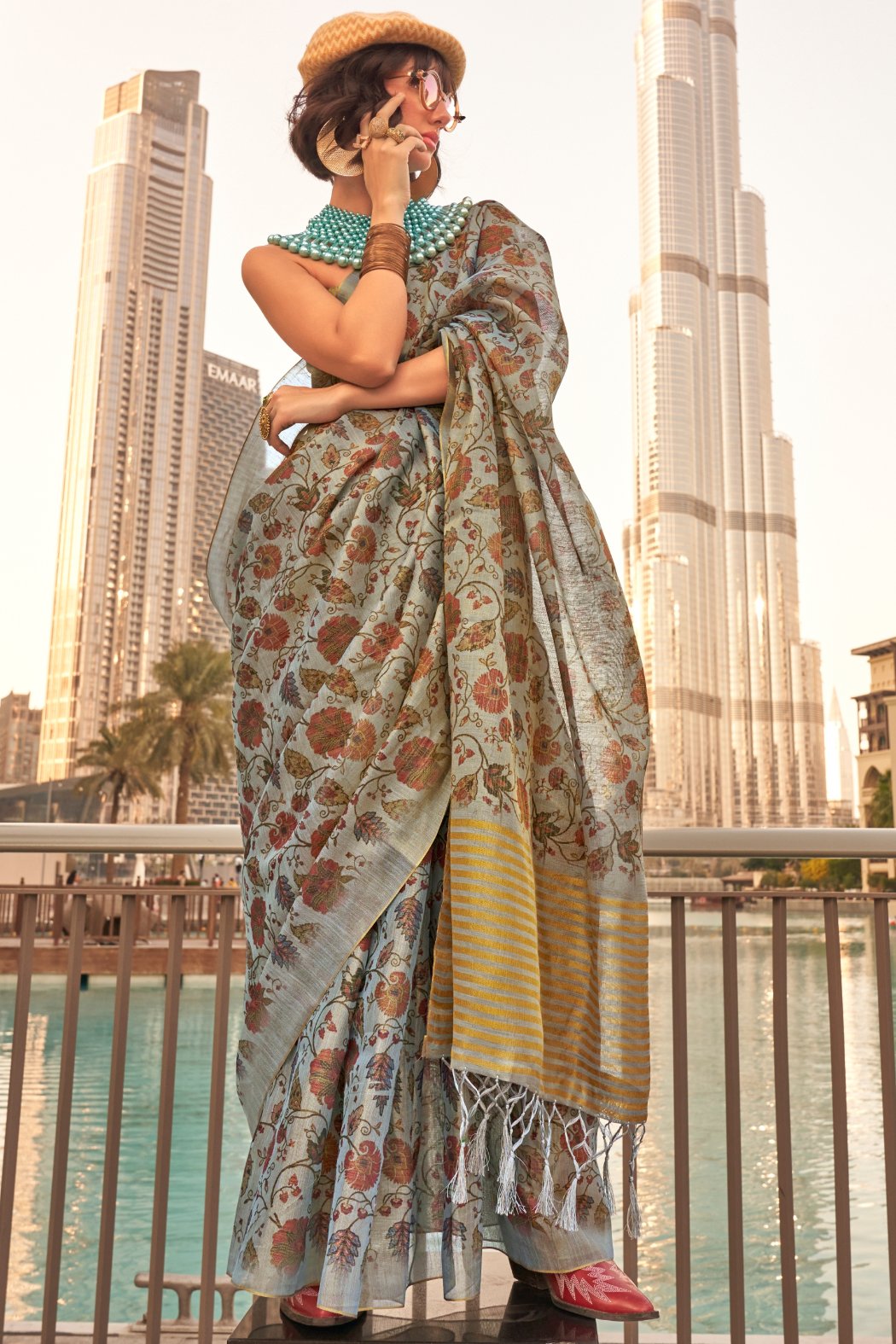 Buy MySilkLove Flint Grey Printed Tissue Saree Online