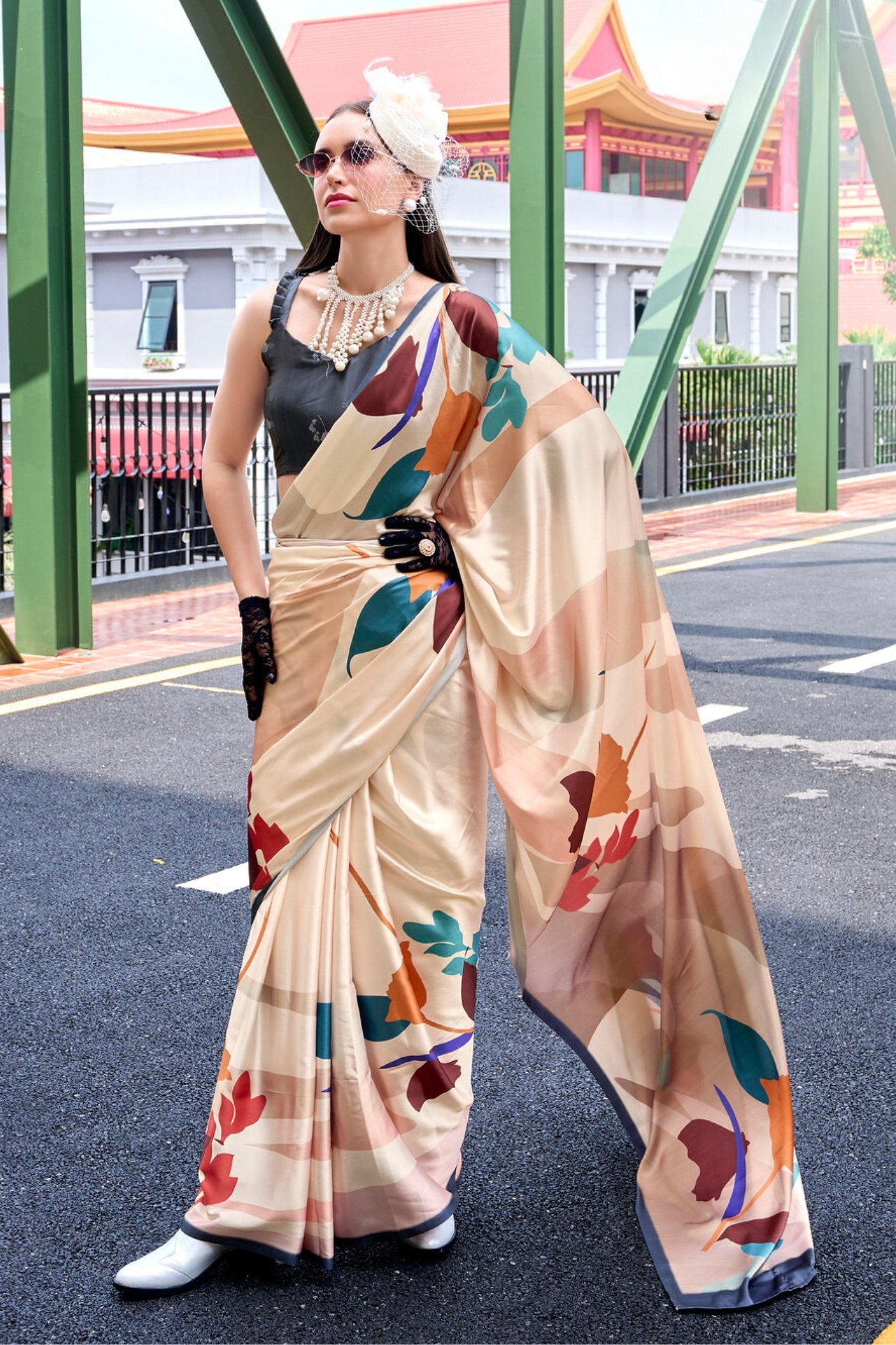 Buy MySilkLove Sidecar Cream Printed Satin Crepe Silk Saree Online