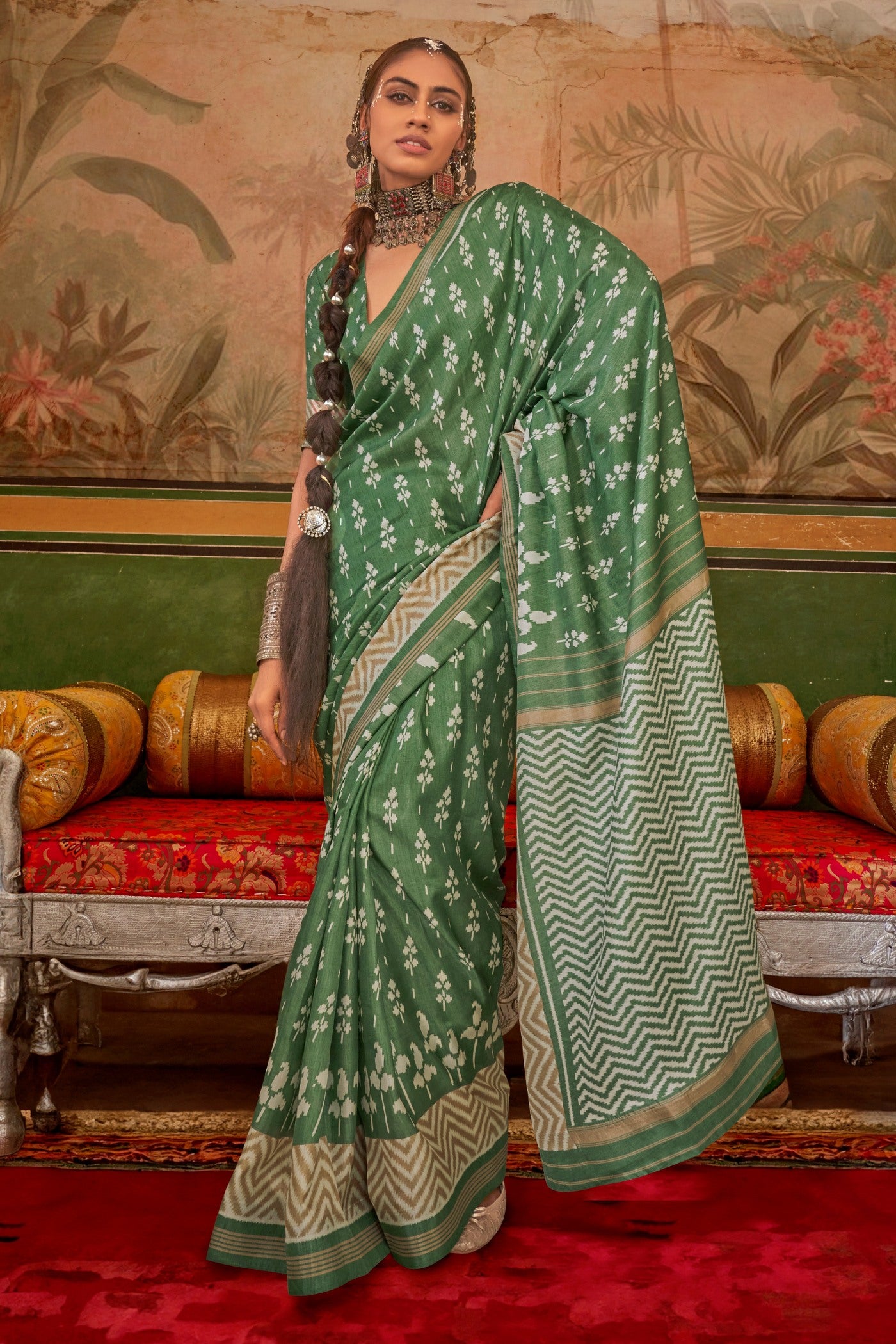 Buy MySilkLove Camouflage Green Printed Patola Saree Online