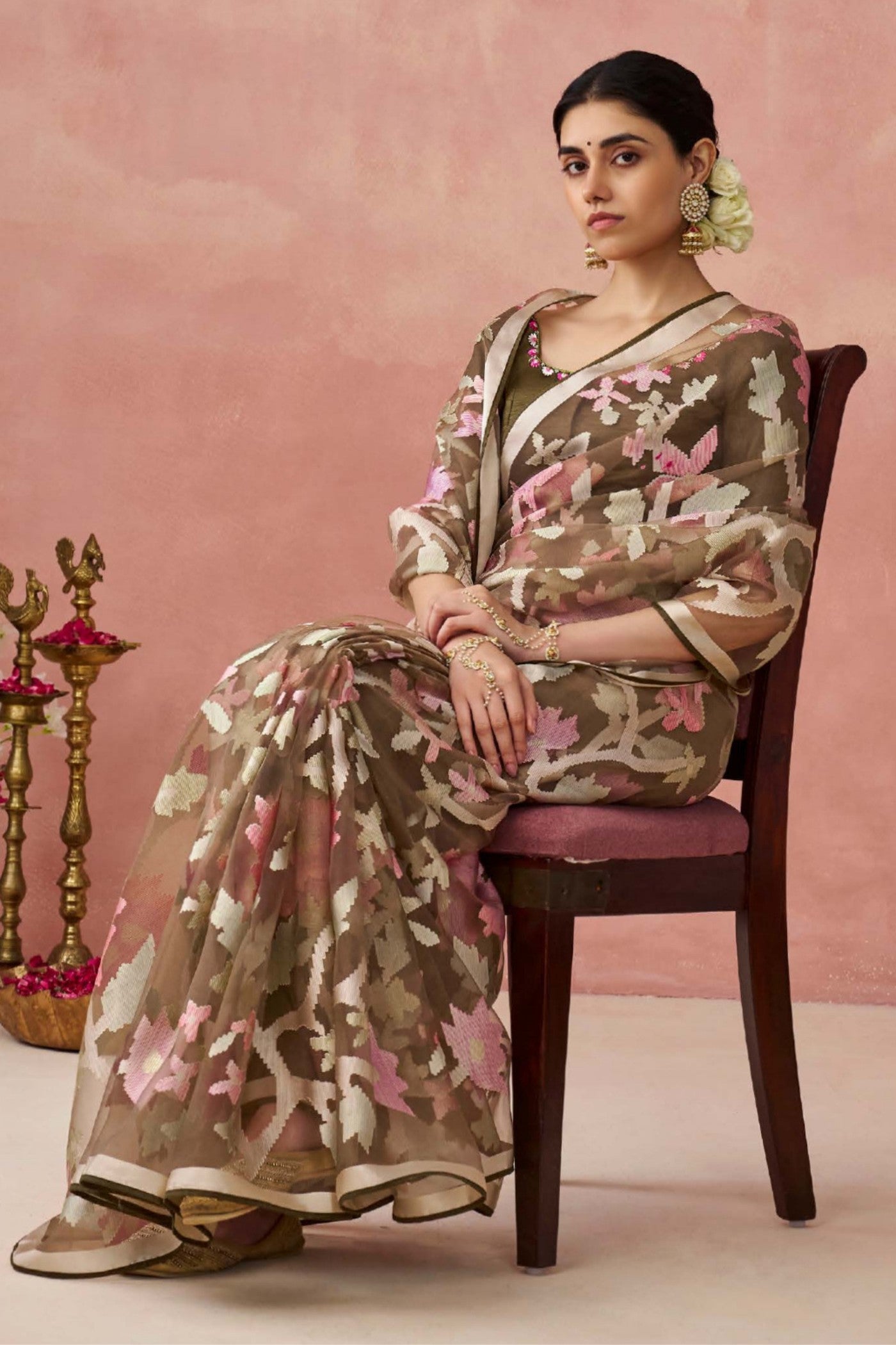 Buy MySilkLove Shingle Fawn Brown Brasso Organza Printed Saree Online