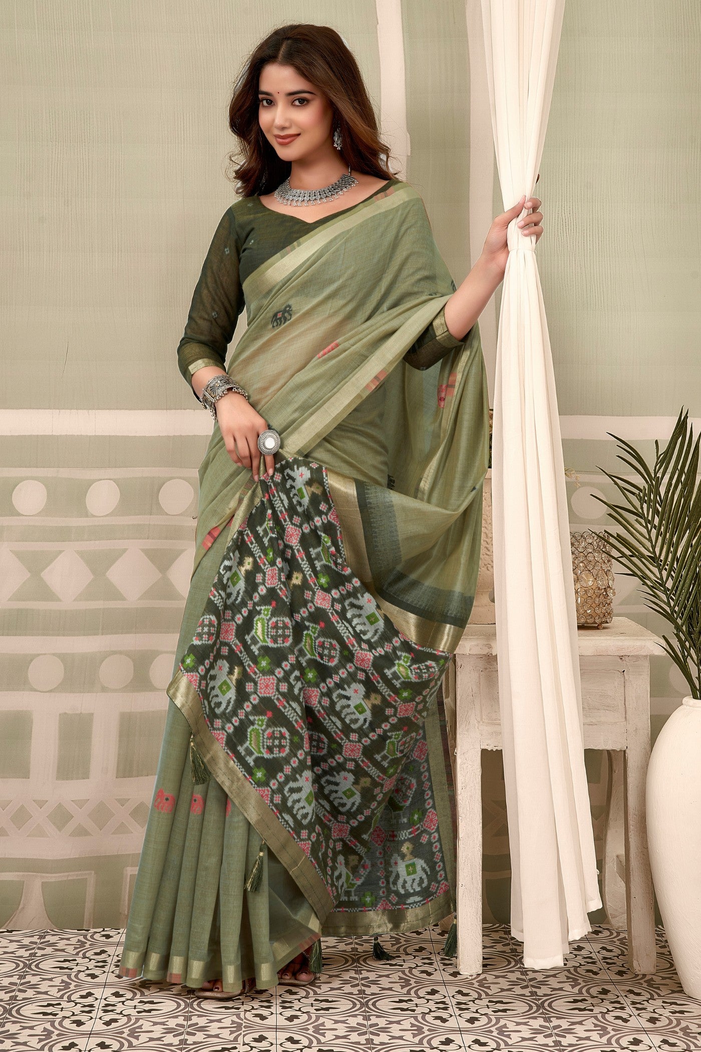 Buy MySilkLove Moss Green Patola Pallu Zari Woven Saree Online