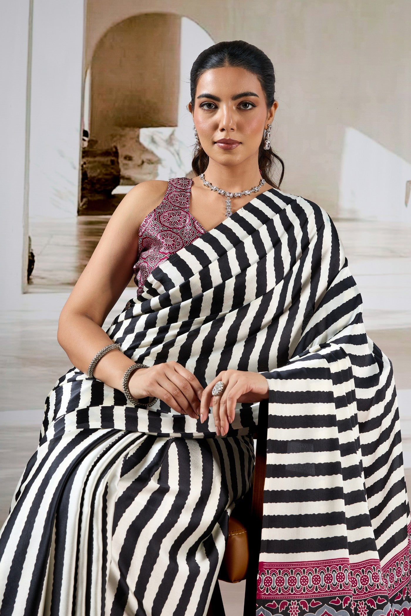 MySilkLove Noir Black Stripe Ajrakh Printed Satin Crepe Silk Saree