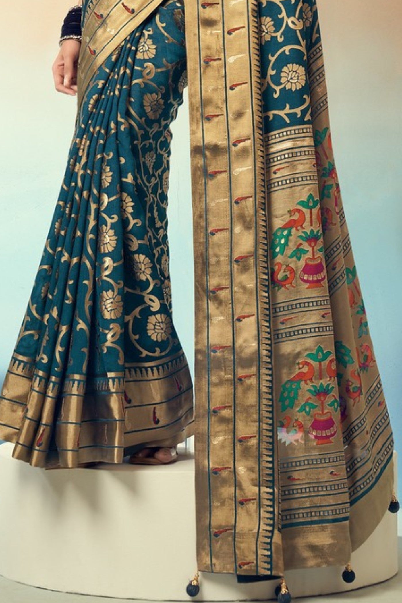 Buy MySilkLove Peacock Blue Designer Banarasi Georgette Saree Online