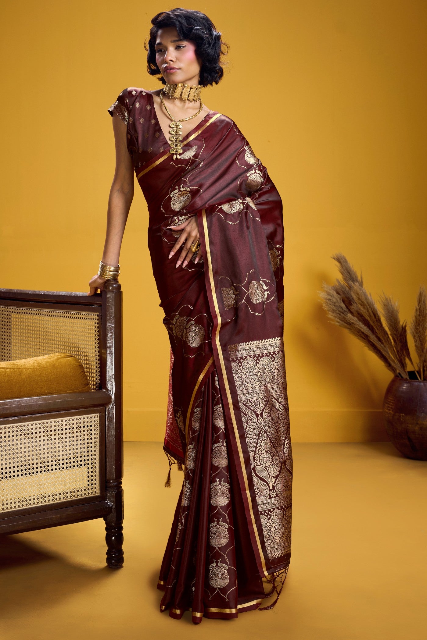 Buy MySilkLove Rich Brown Handloom Satin Silk Saree Online