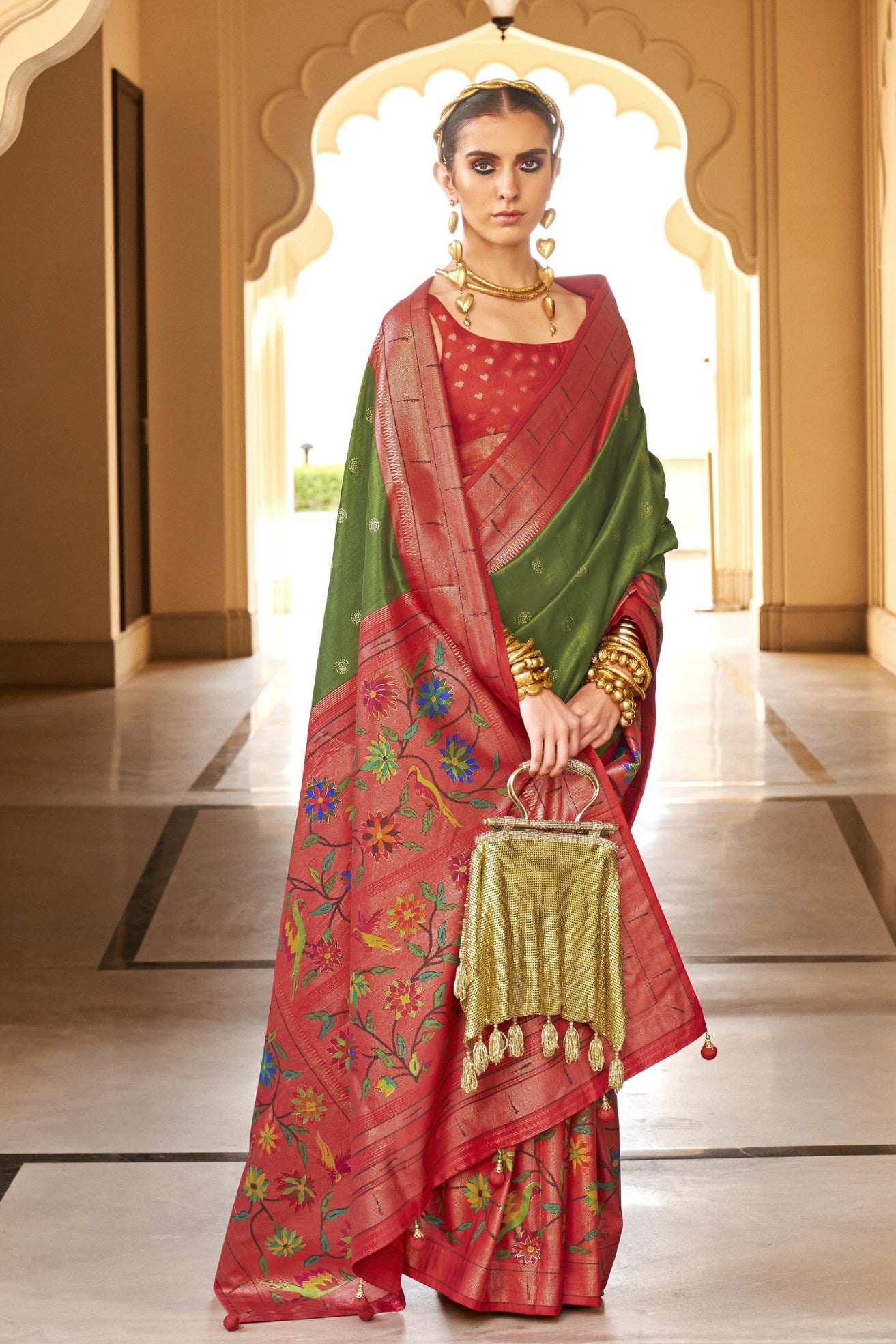 Buy MySilkLove Leaf Green and Red Woven Paithani Designer Saree Online