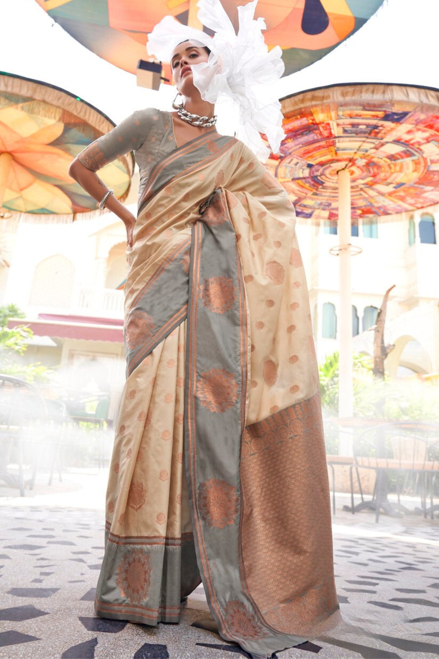 Buy MySilkLove Cashmere Cream Handloom Katan Banarasi Saree Online