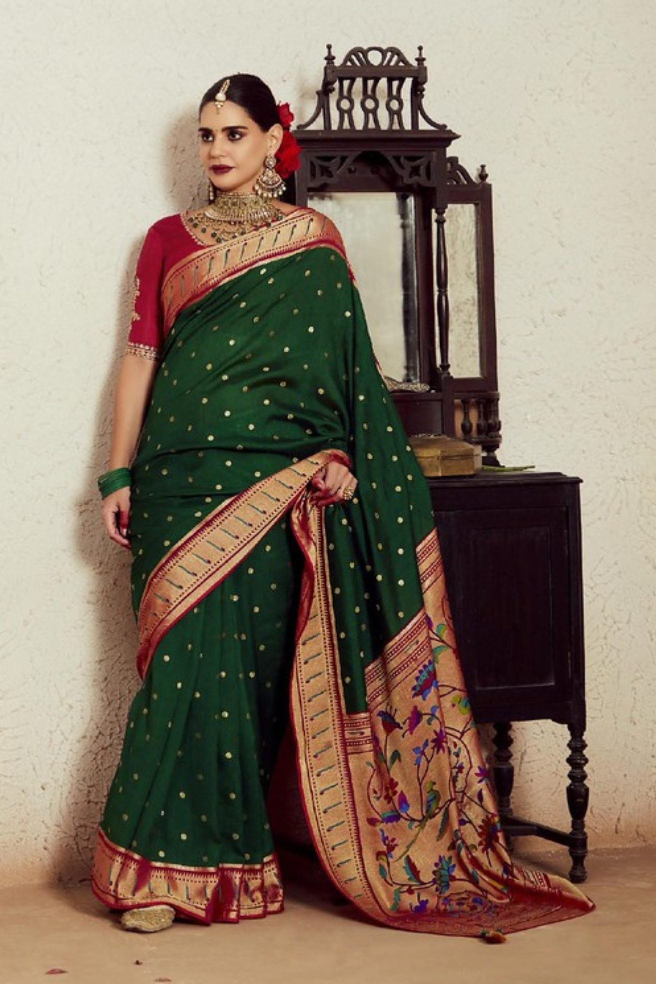 Buy MySilkLove Celtic Green Printed Brasso Soft Silk Saree Online