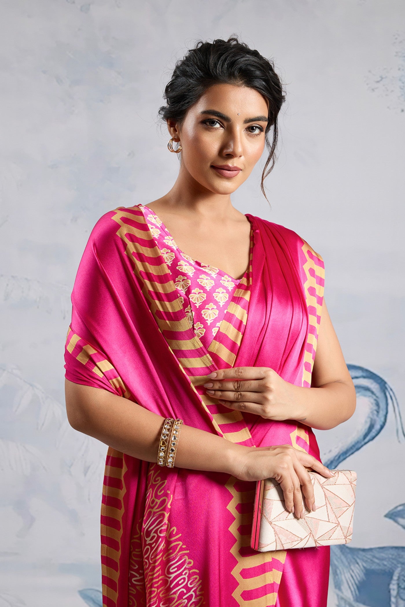 Buy MySilkLove Rani Pink Printed Satin Crepe Silk Saree Online