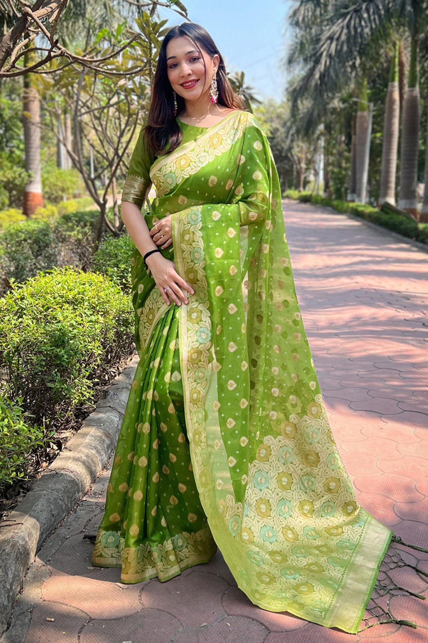 Buy MySilkLove Wasabi Green Zari Woven Organza Saree Online