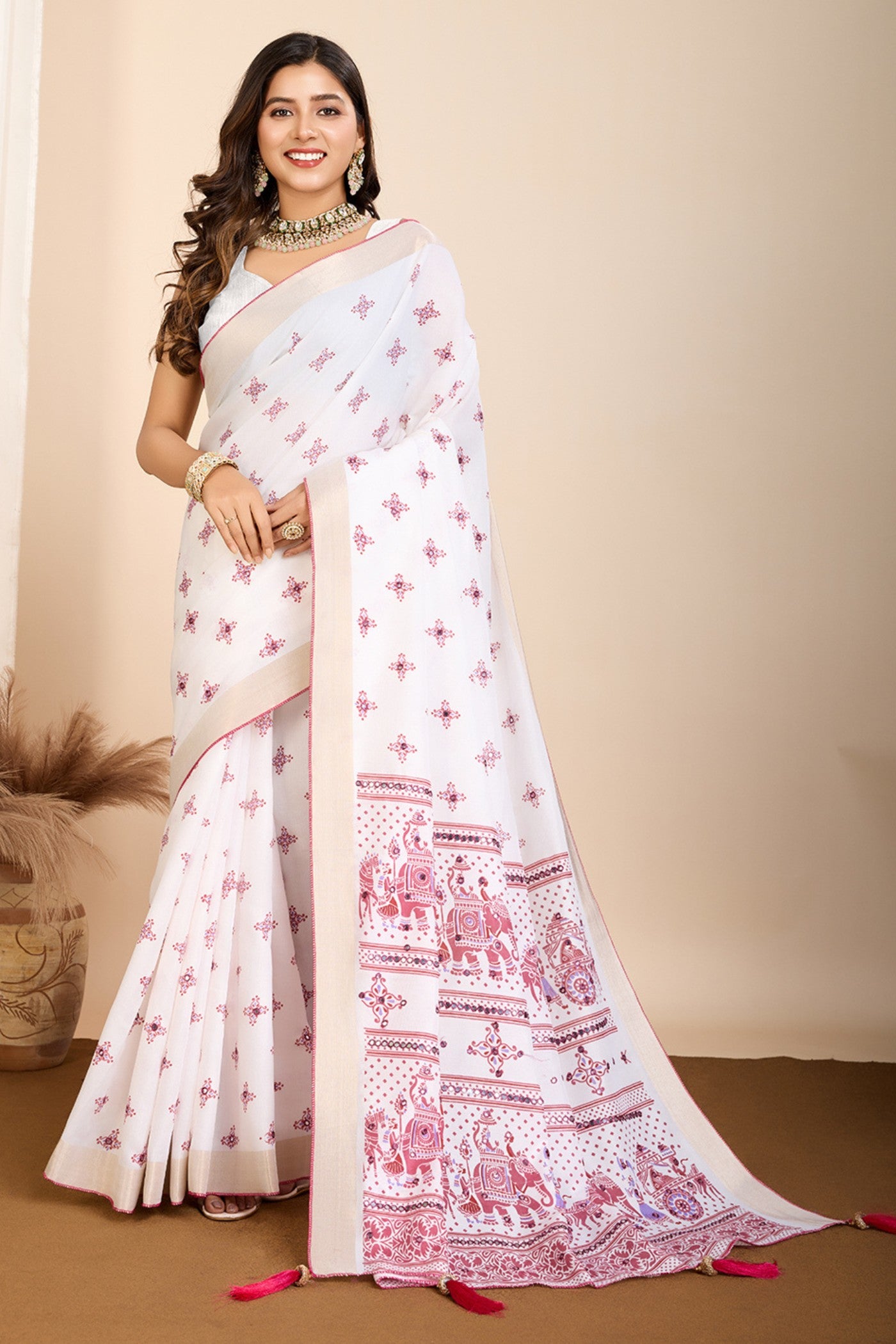 Buy MySilkLove Alice White and Pink Printed Cotton Designer Saree Online