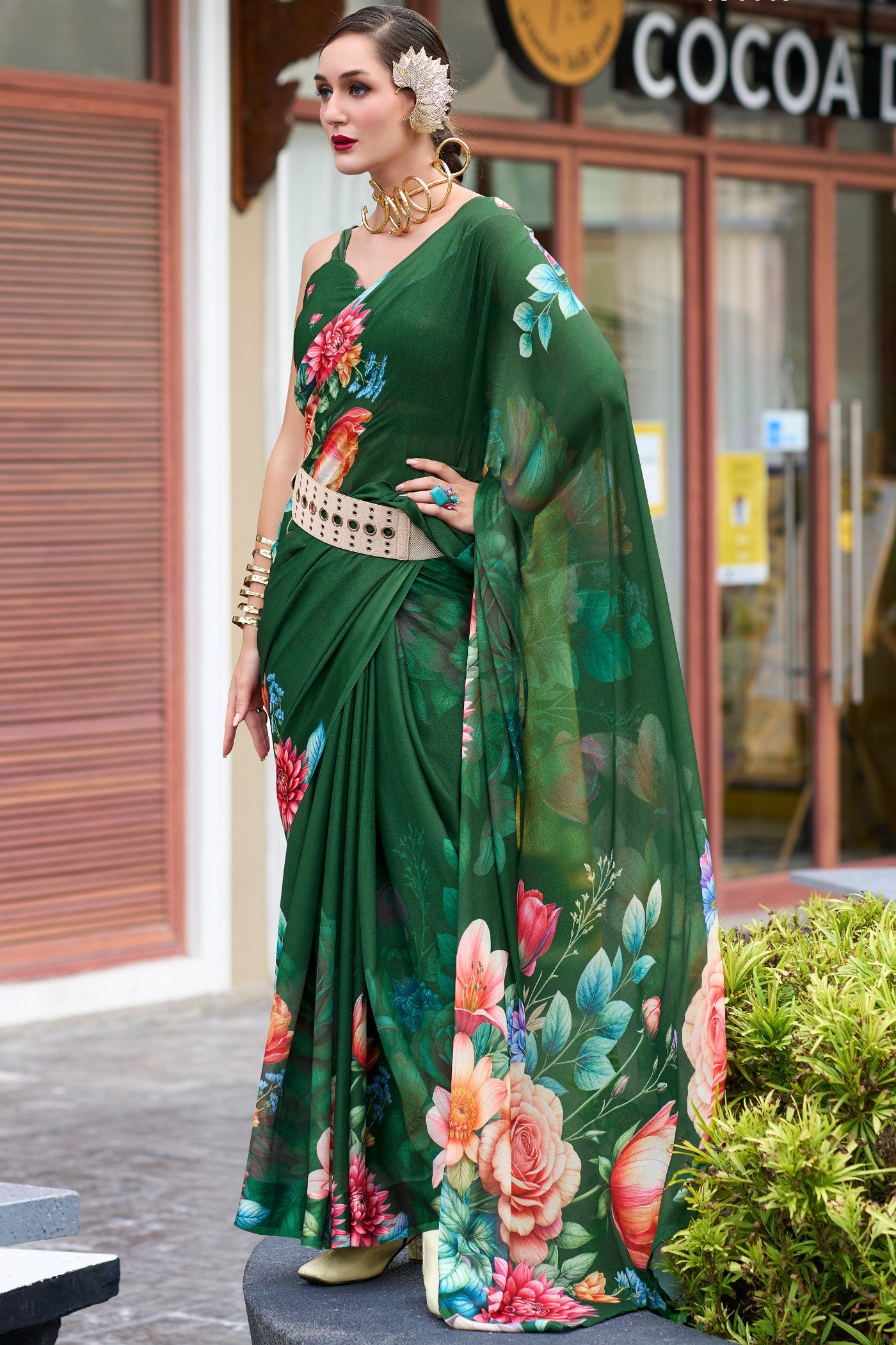 Buy MySilkLove Gable Green Printed Georgette Saree Online