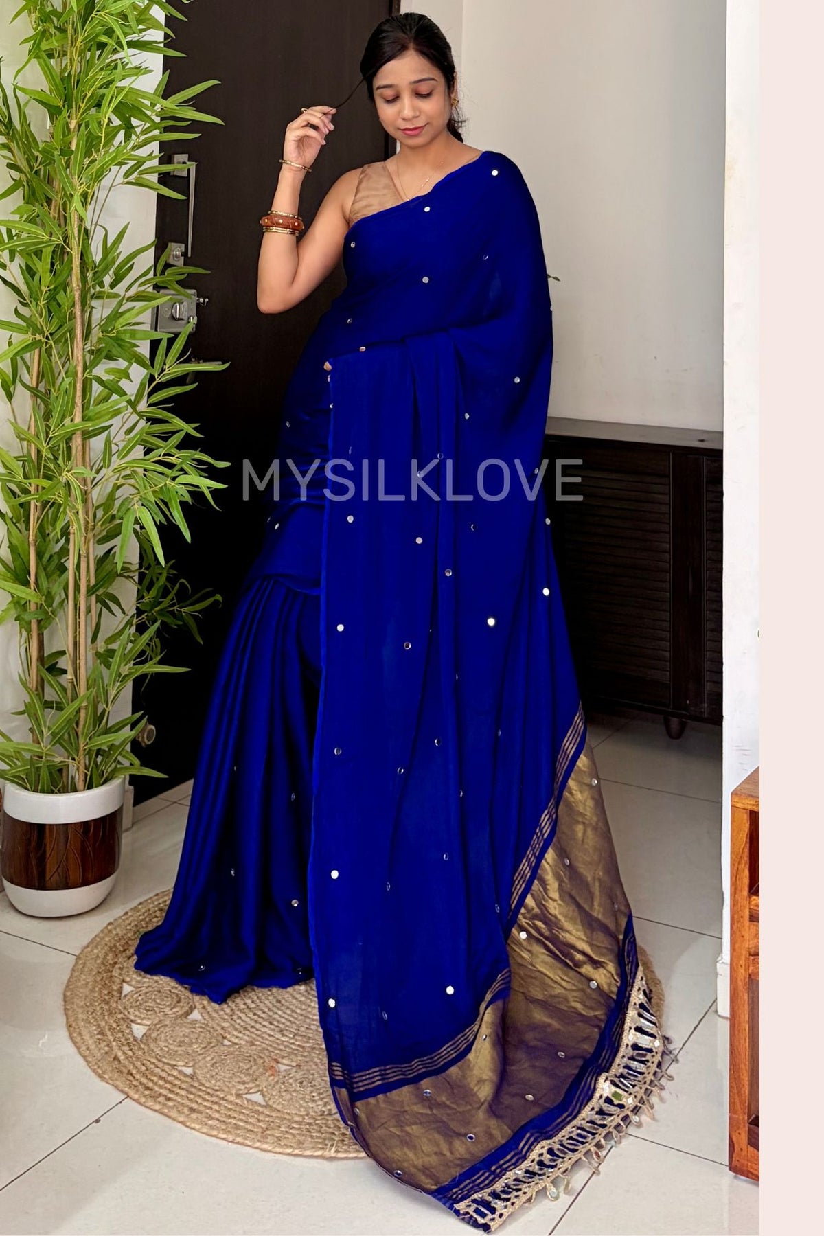 Buy MySilkLove Lapis Blue Pure Gajji Modal Silk Mirror Work Saree with Lagdi Zari Pallu Online
