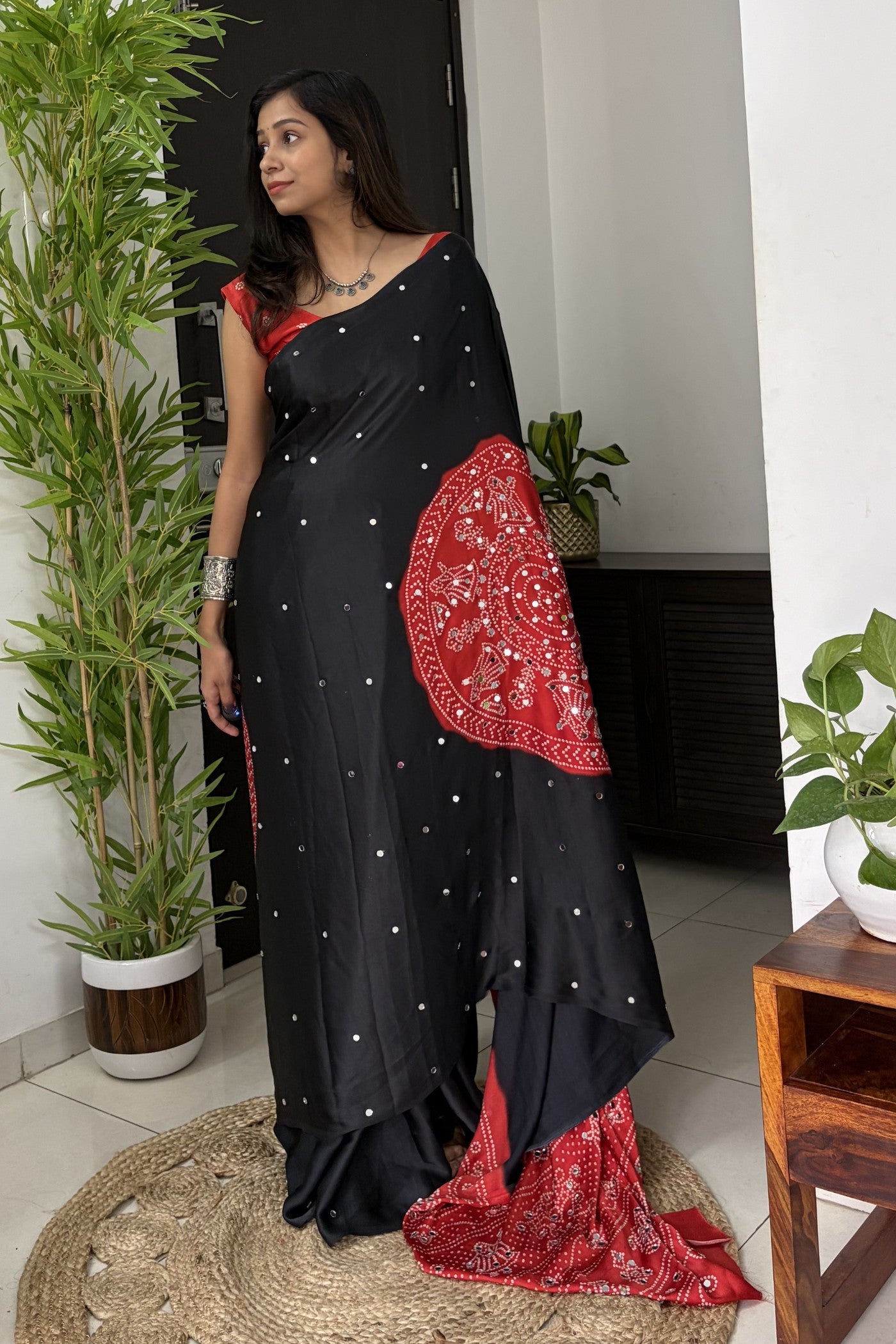 MySilkLove Charcoal Black and Red Gaji Bandej Satin Soft Silk Saree