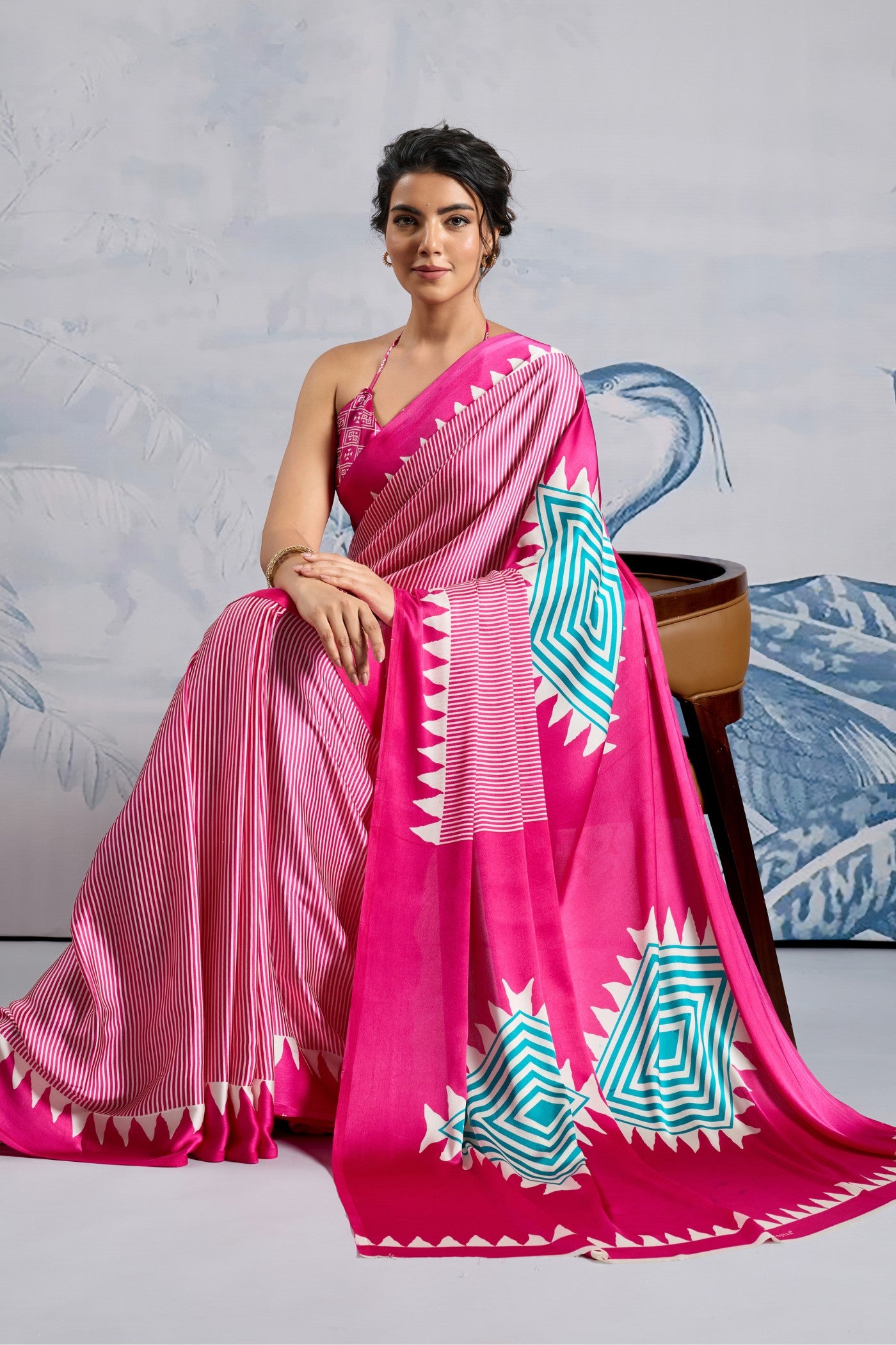 Buy MySilkLove Erica Pink Stripe Ajrakh Printed Satin Crepe Silk Saree Online