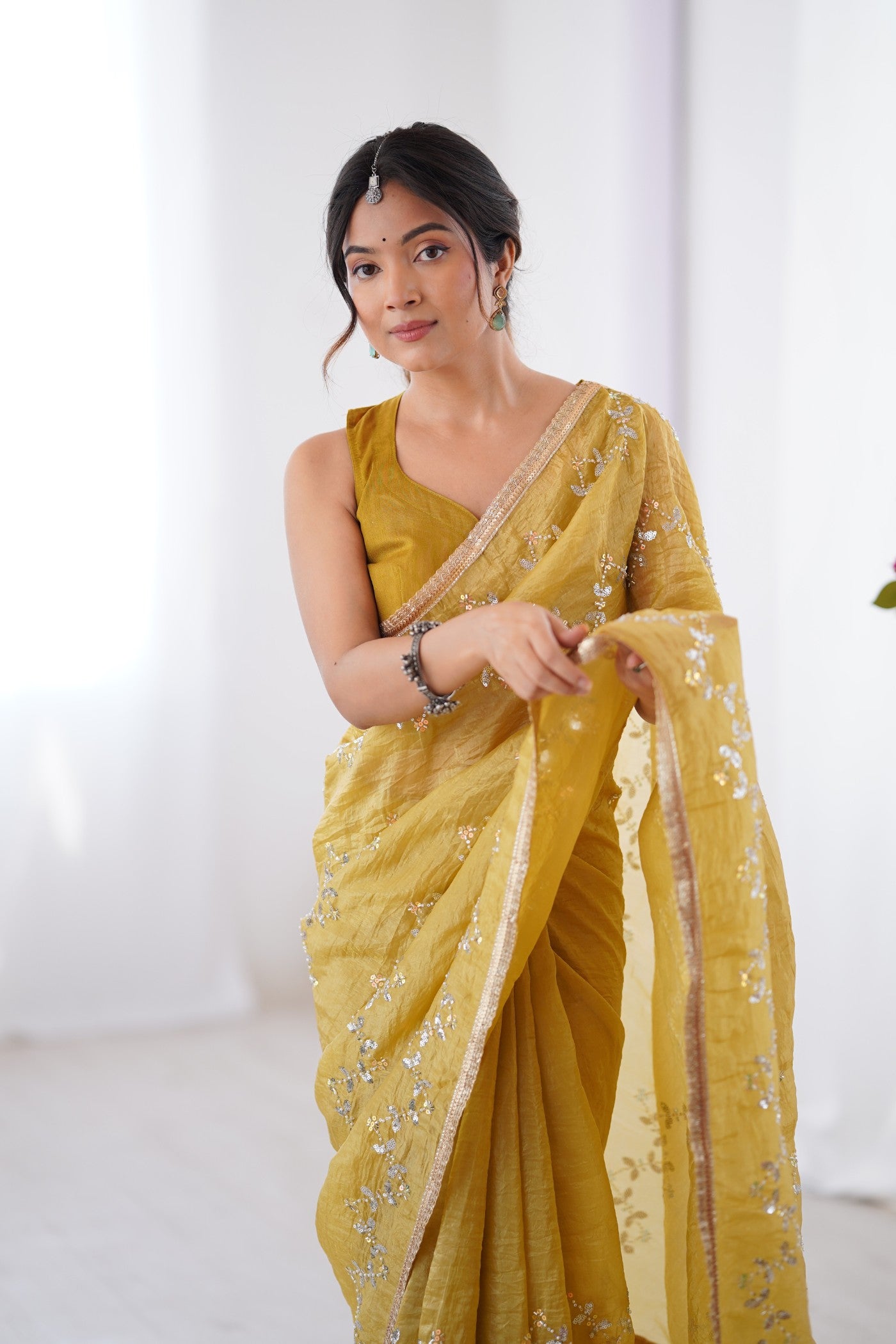 MySilkLove Flax Yellow Designer Partywear Saree