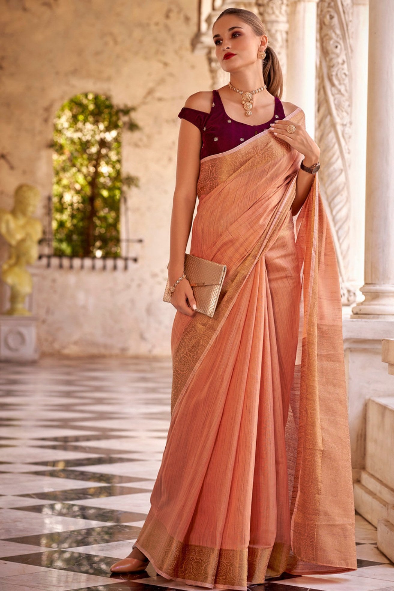 Buy MySilkLove Japonica Orange Zari Woven Linen Saree Online