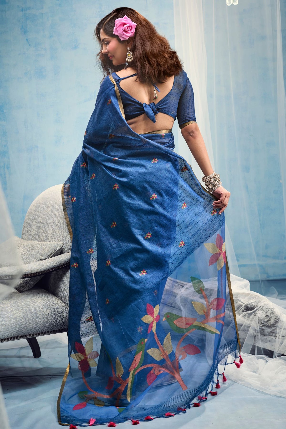 Buy MySilkLove Cornflower Blue Munga Handloom Silk Cotton Saree Online