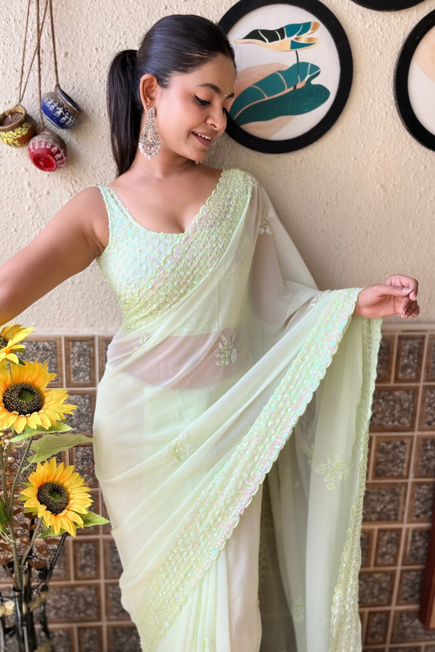 MySilkLove Zinnia Green Embroidery Georgette saree