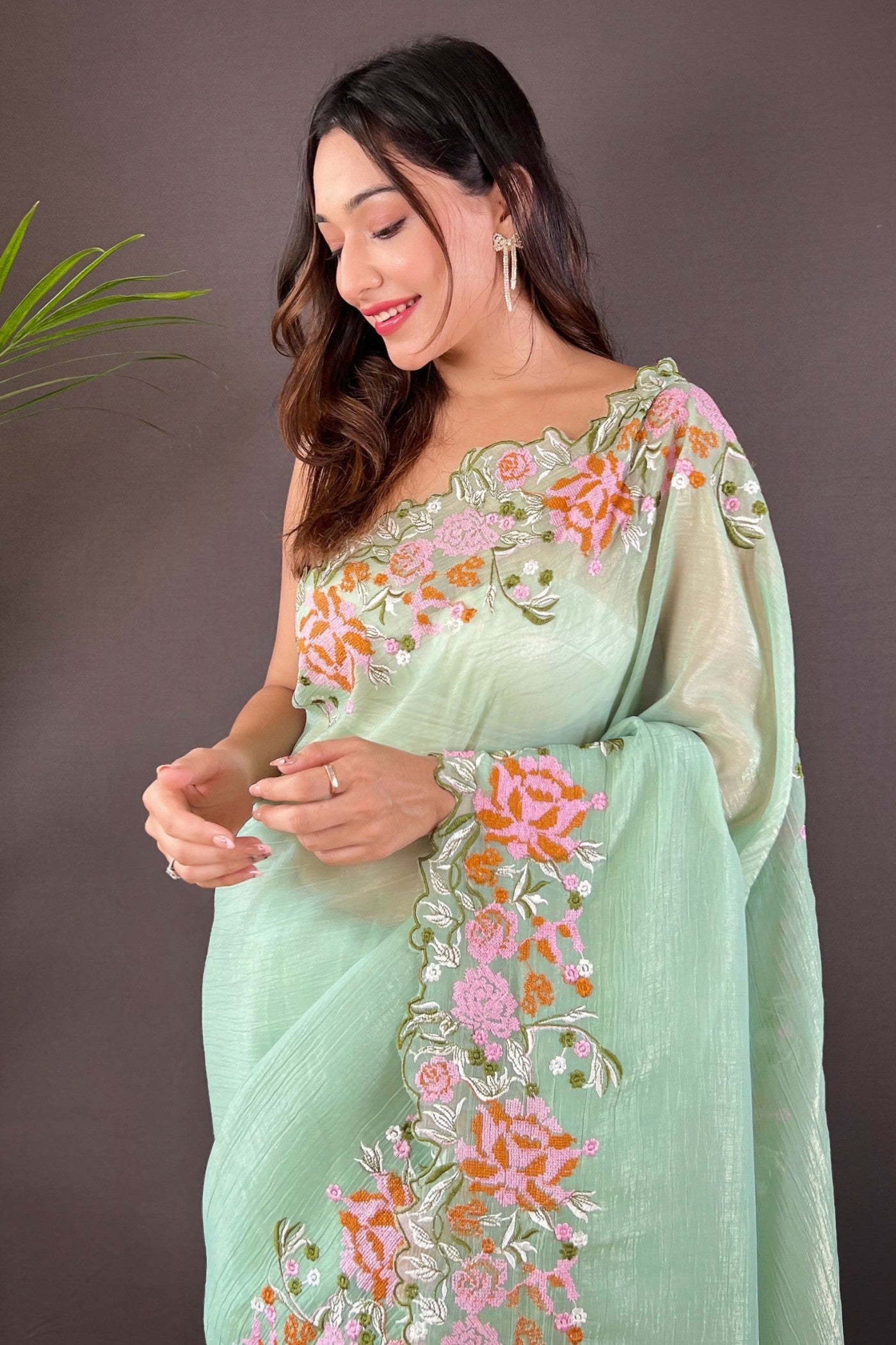 MySilkLove Swamp Green Embroidered Party Wear Saree